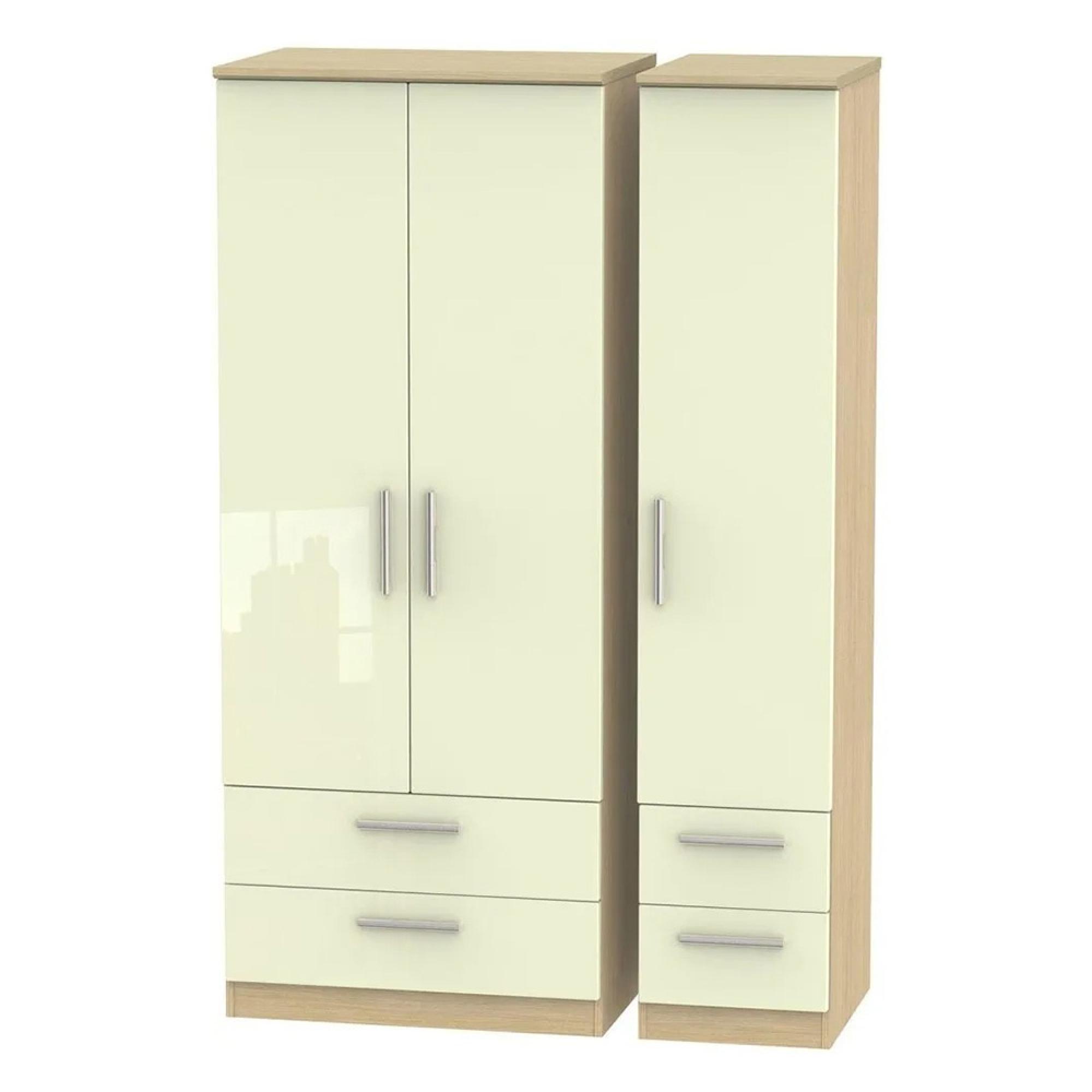 Knightsbridge Wardrobe - 3 Door - 4 Drawers - Triple - Cream Gloss and Light Oak