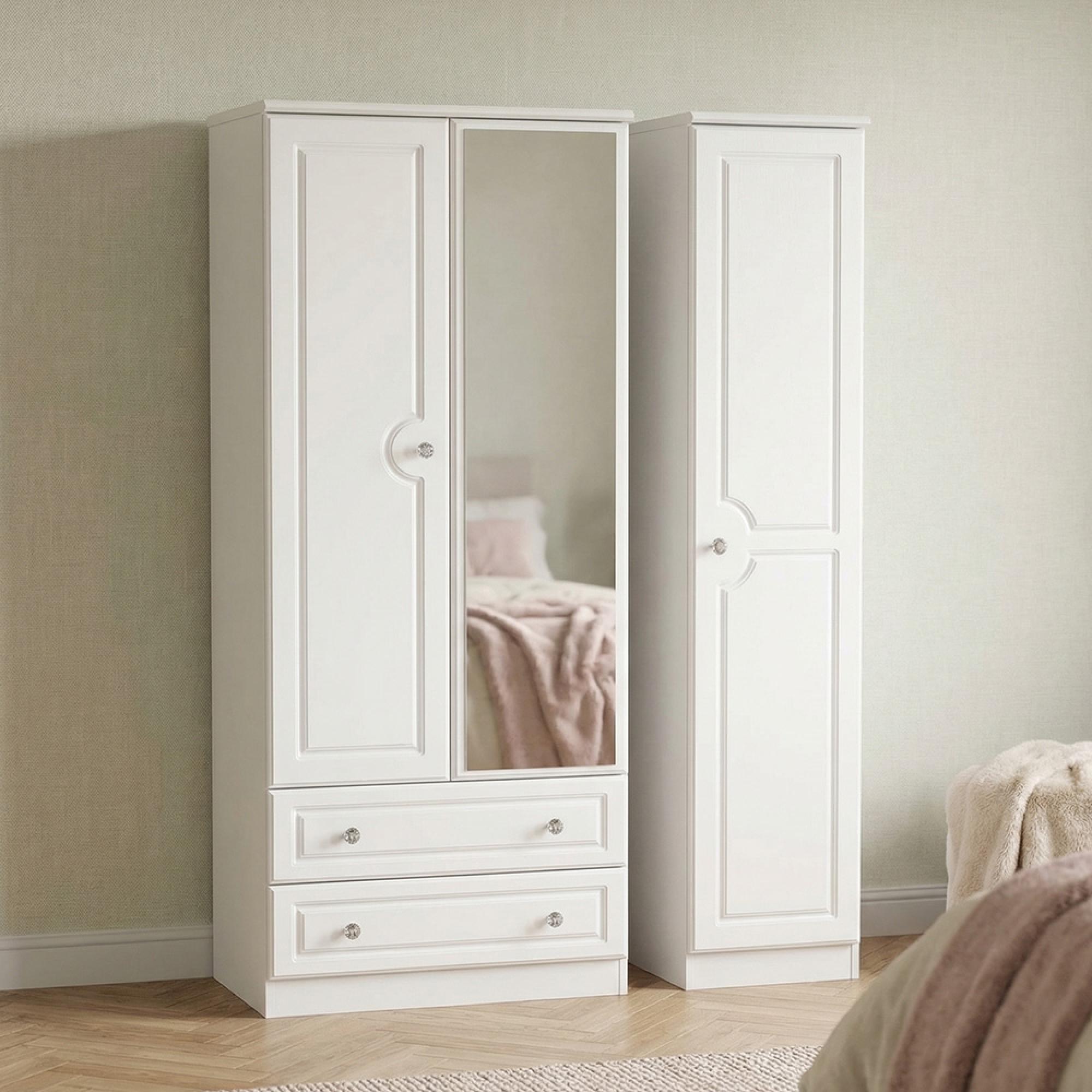 Crystal Combi Wardrobe - 3 Door - 1 Mirror - LHF 2 Drawers - White