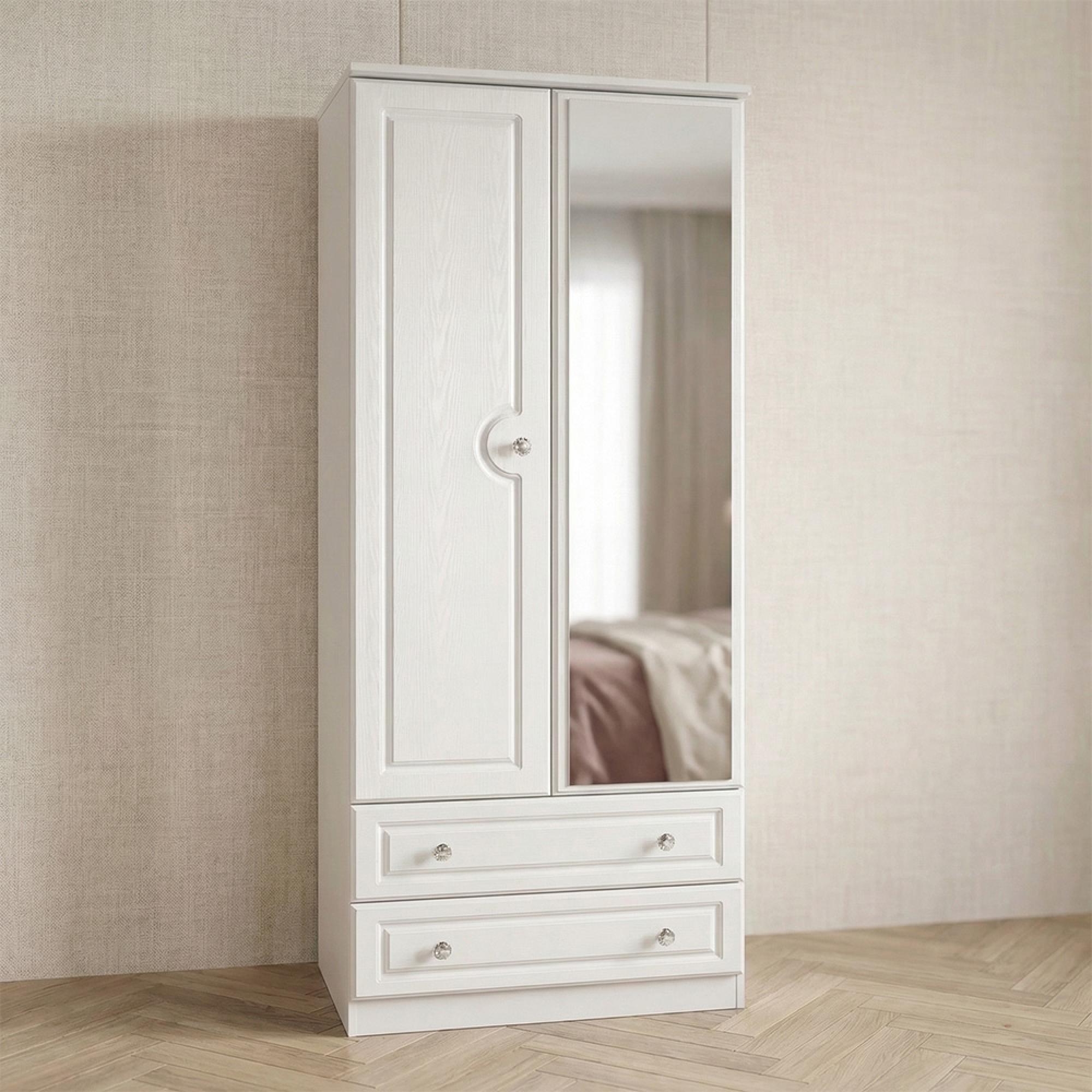 Crystal Mirror Wardrobe - 2 Door - 2 Drawer - 1 Mirror - White