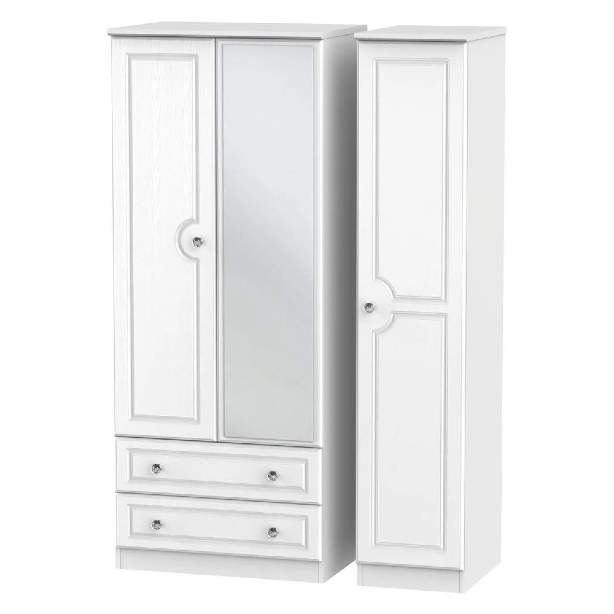 Crystal Combi Wardrobe - 3 Door - 1 Mirror - LHF 2 Drawers - White