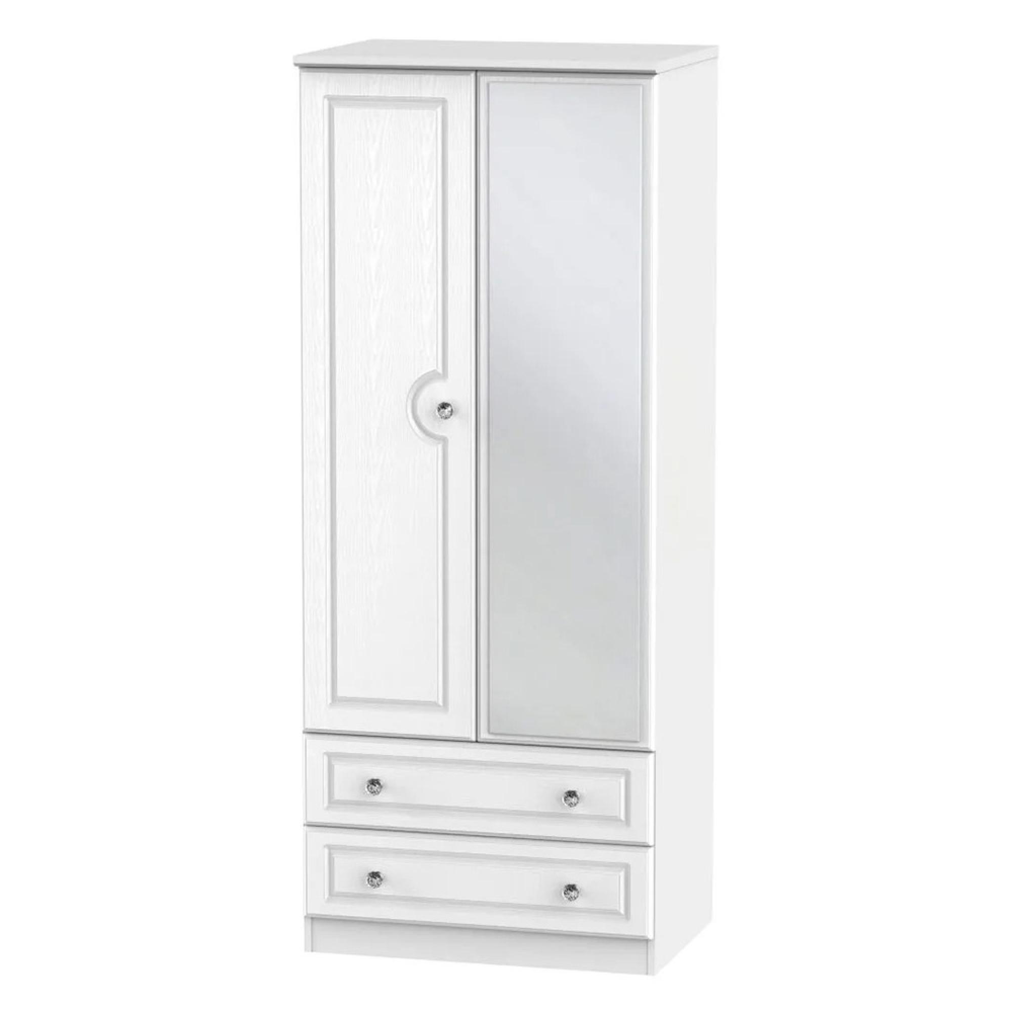 Crystal Mirror Wardrobe - 2 Door - 2 Drawer - 1 Mirror - White
