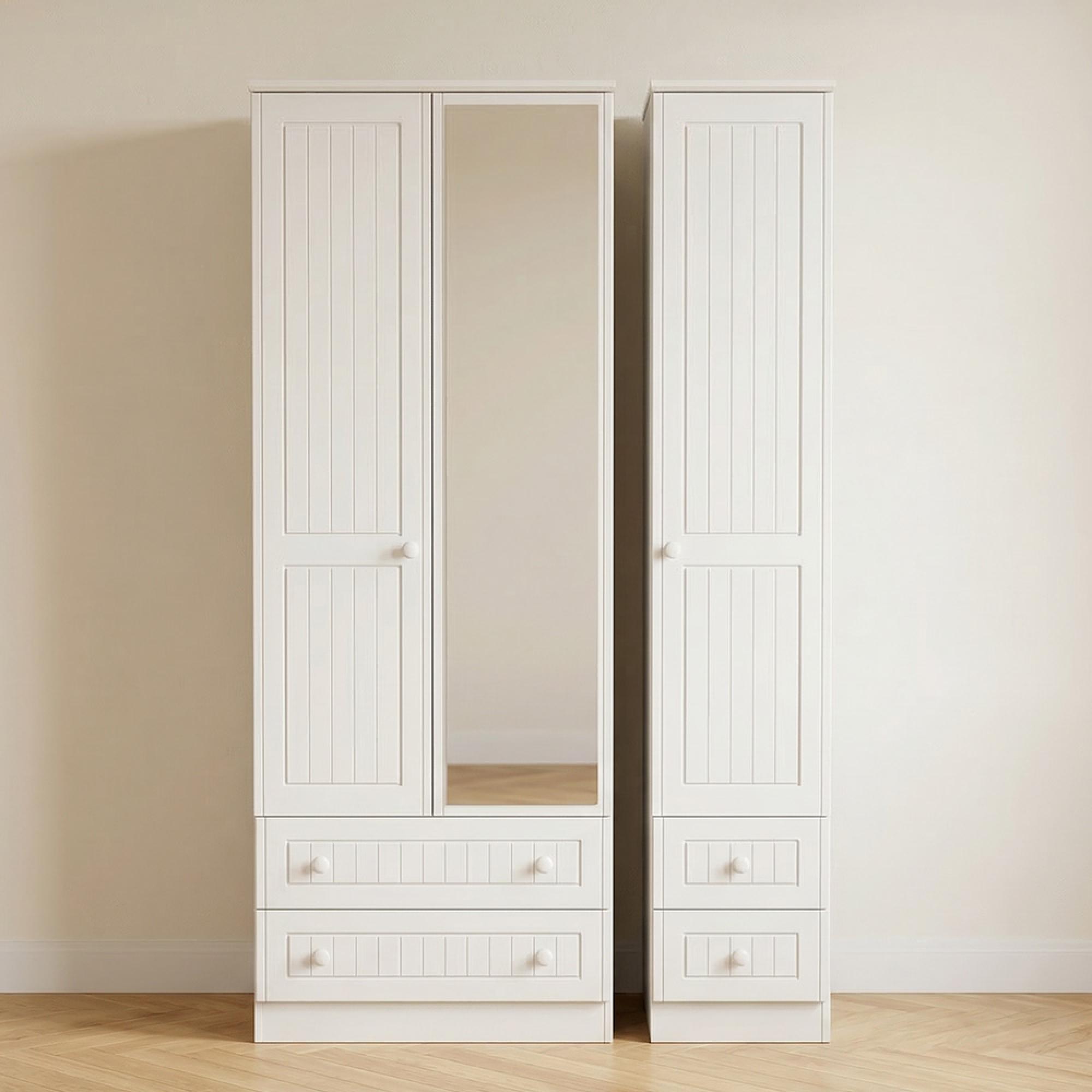 Warwick Wardrobe - 3 Door - 1 Mirror - 4 Drawers - Tall - Combi - White