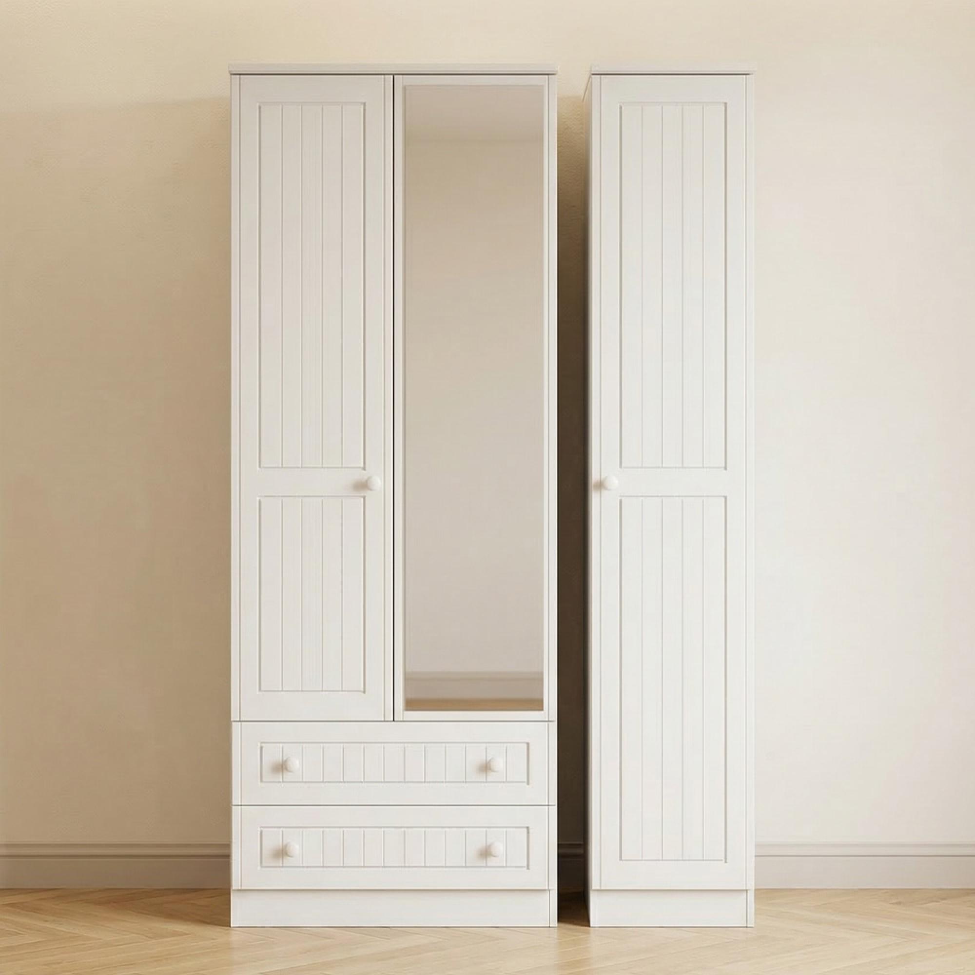Warwick Wardrobe - 3 Door - 1 Mirror - LHF 2 Drawers - Tall - Combi - White