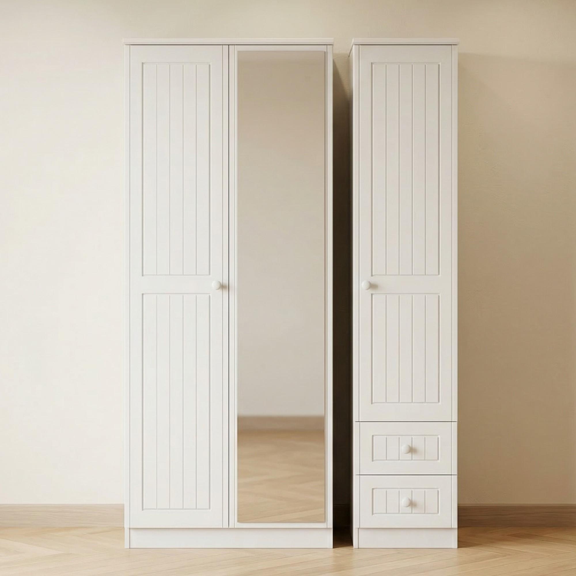 Warwick Wardrobe - 3 Door - 1 Mirror - RHF 2 Drawers - Combi - White