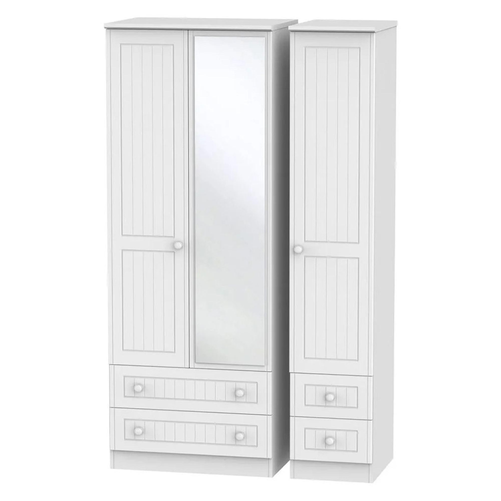 Warwick Wardrobe - 3 Door - 1 Mirror - 4 Drawers - Tall - Combi - White
