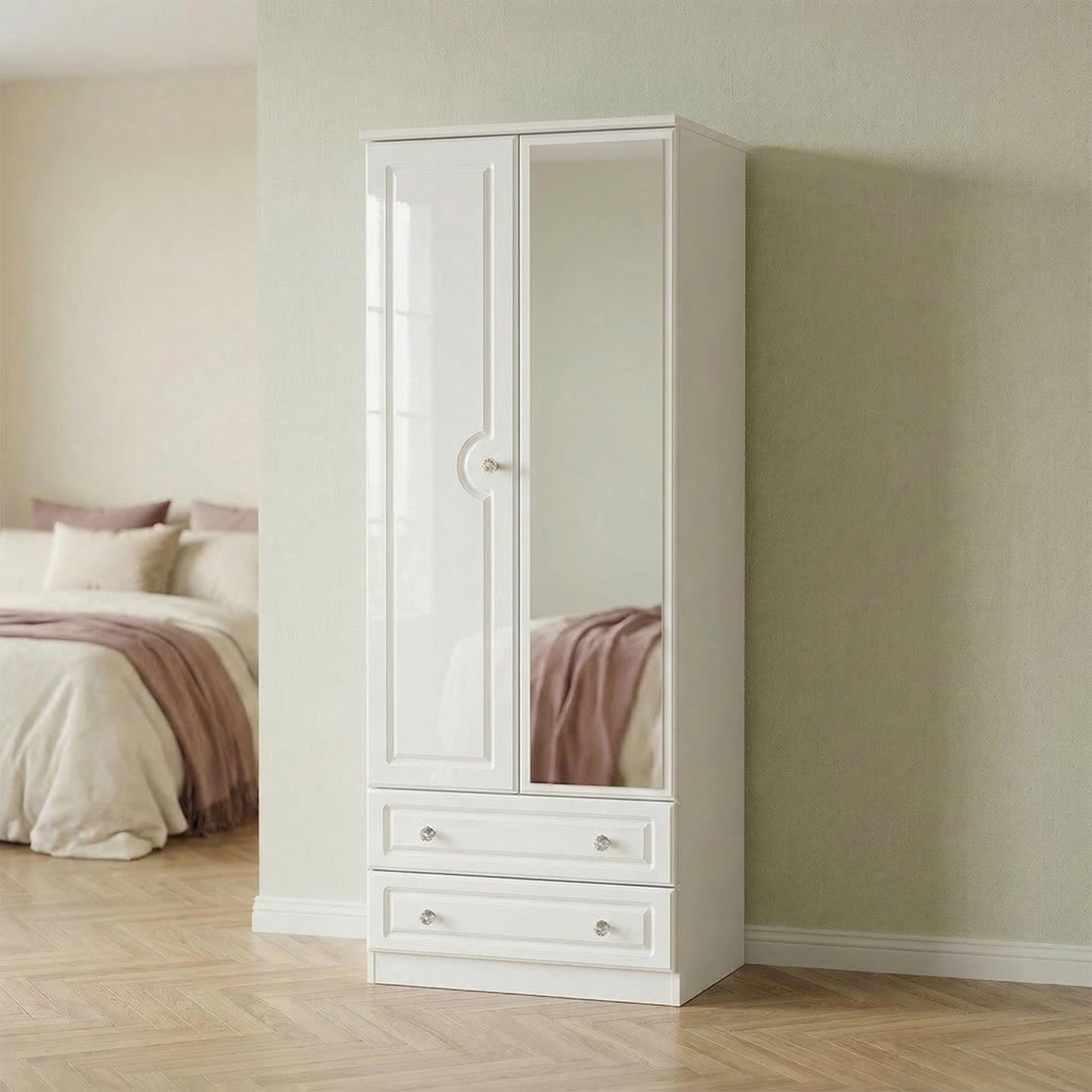 Balmoral Wardrobe - 2 Door - Tall Combi with 1 Mirror - White Gloss