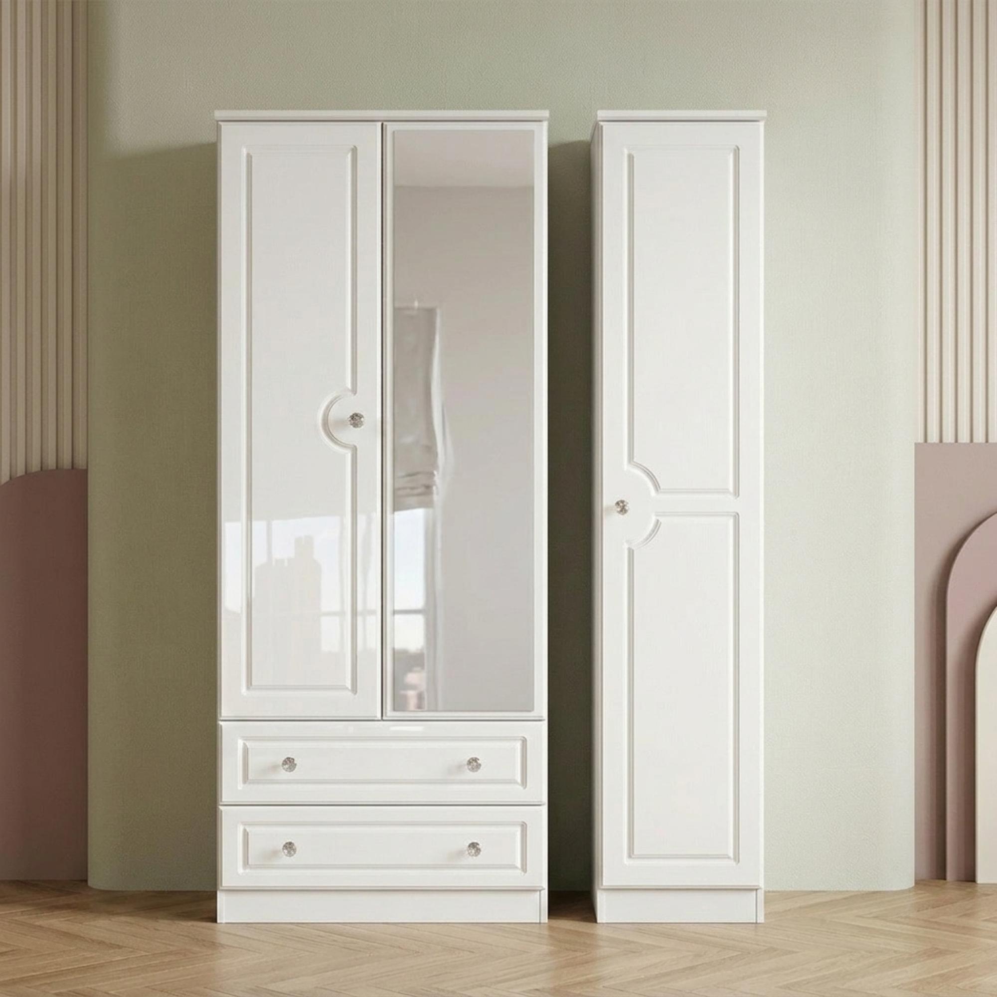 Balmoral Wardrobe - 3 Door - Combi - with 1 Mirror - and LHF 2 Drawers - White Gloss