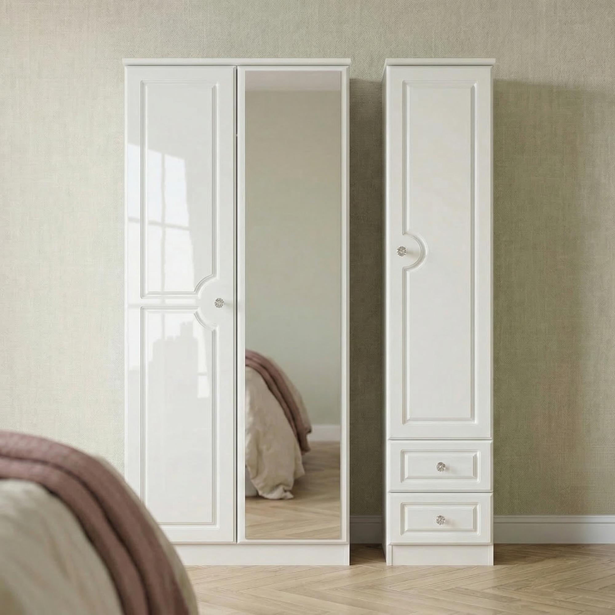 Balmoral Wardrobe - 3 Door - Combi - with 1 Mirror - and RHF 2 Drawers - White Gloss
