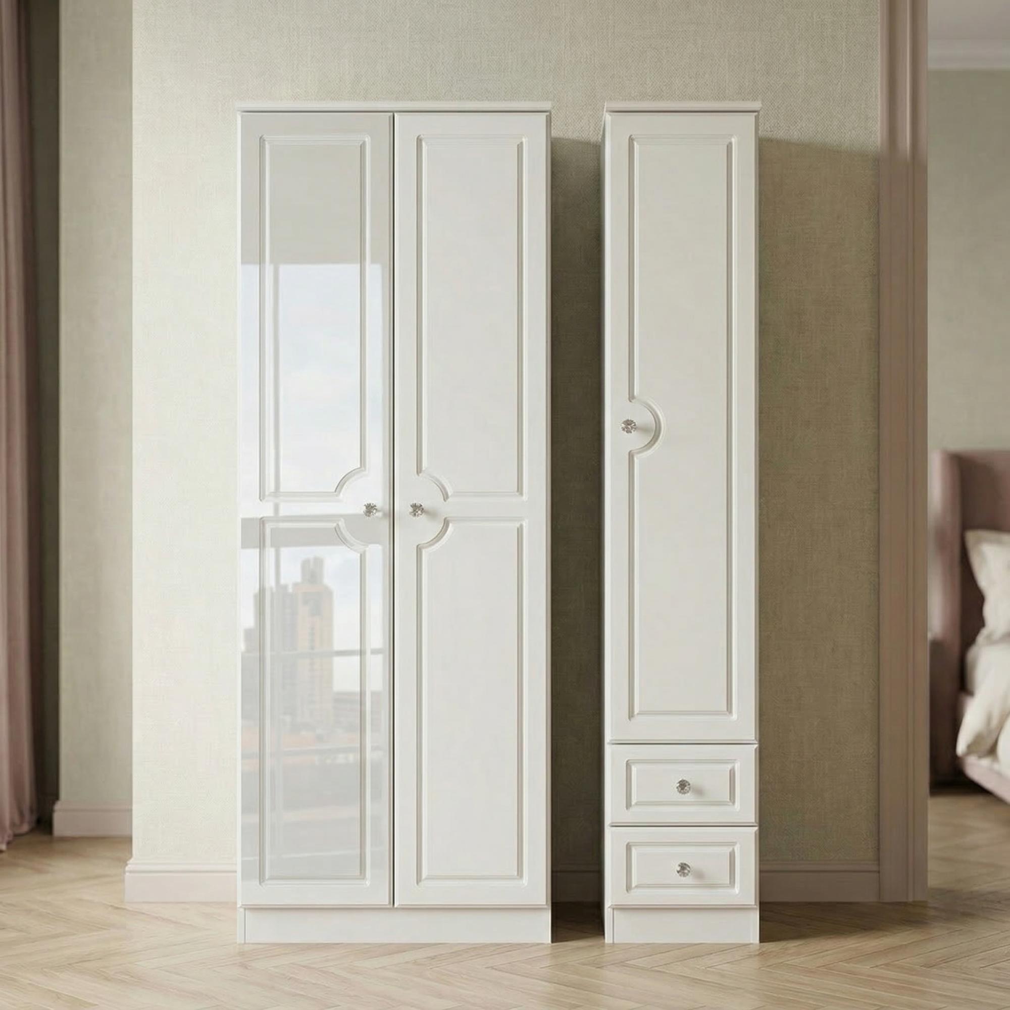 Balmoral Wardrobe - 3 Door - Tall Triple -  with RHF 2 Drawers - White Gloss
