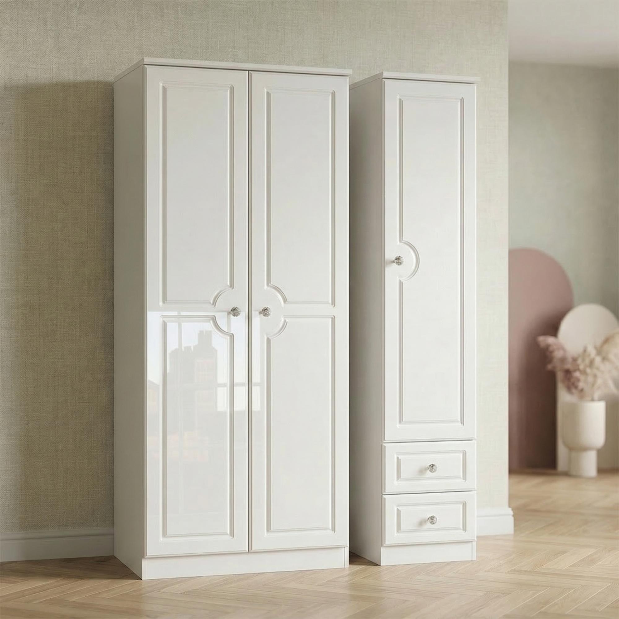 Balmoral Wardrobe - 3 Door - Triple - with RHF 2 Drawers - White Gloss