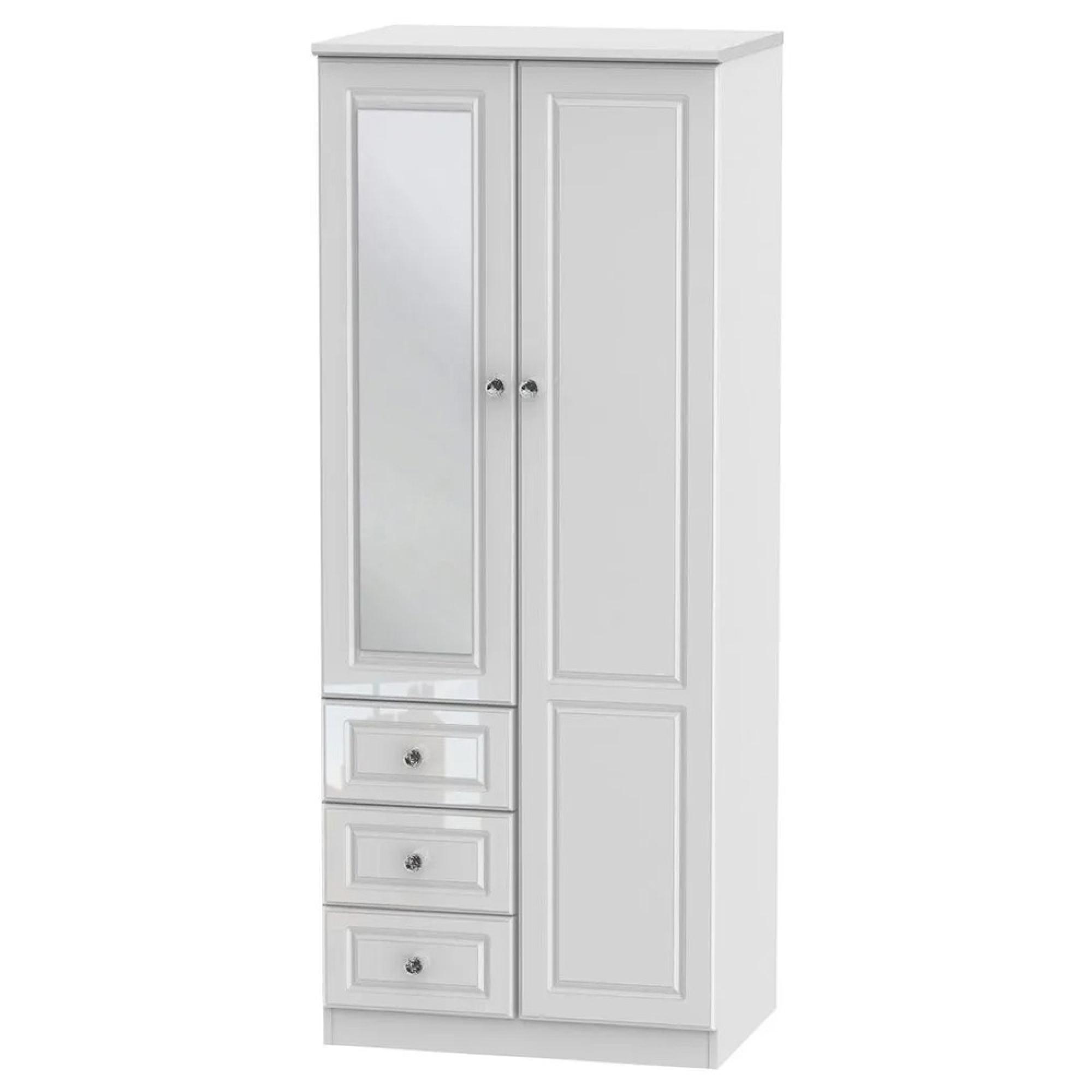 Balmoral Wardrobe - 2 Door - Combi - with 1 Mirror - RHF 3 Drawers - White Gloss