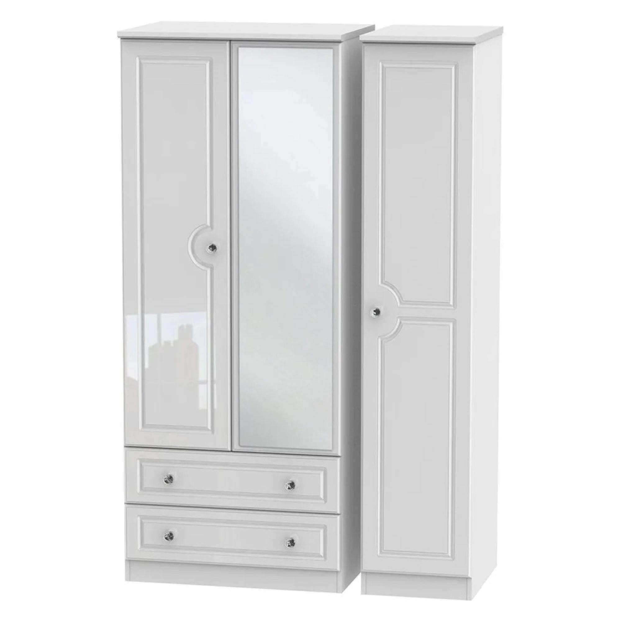 Balmoral Wardrobe - 3 Door - Combi - with 1 Mirror - and LHF 2 Drawers - White Gloss