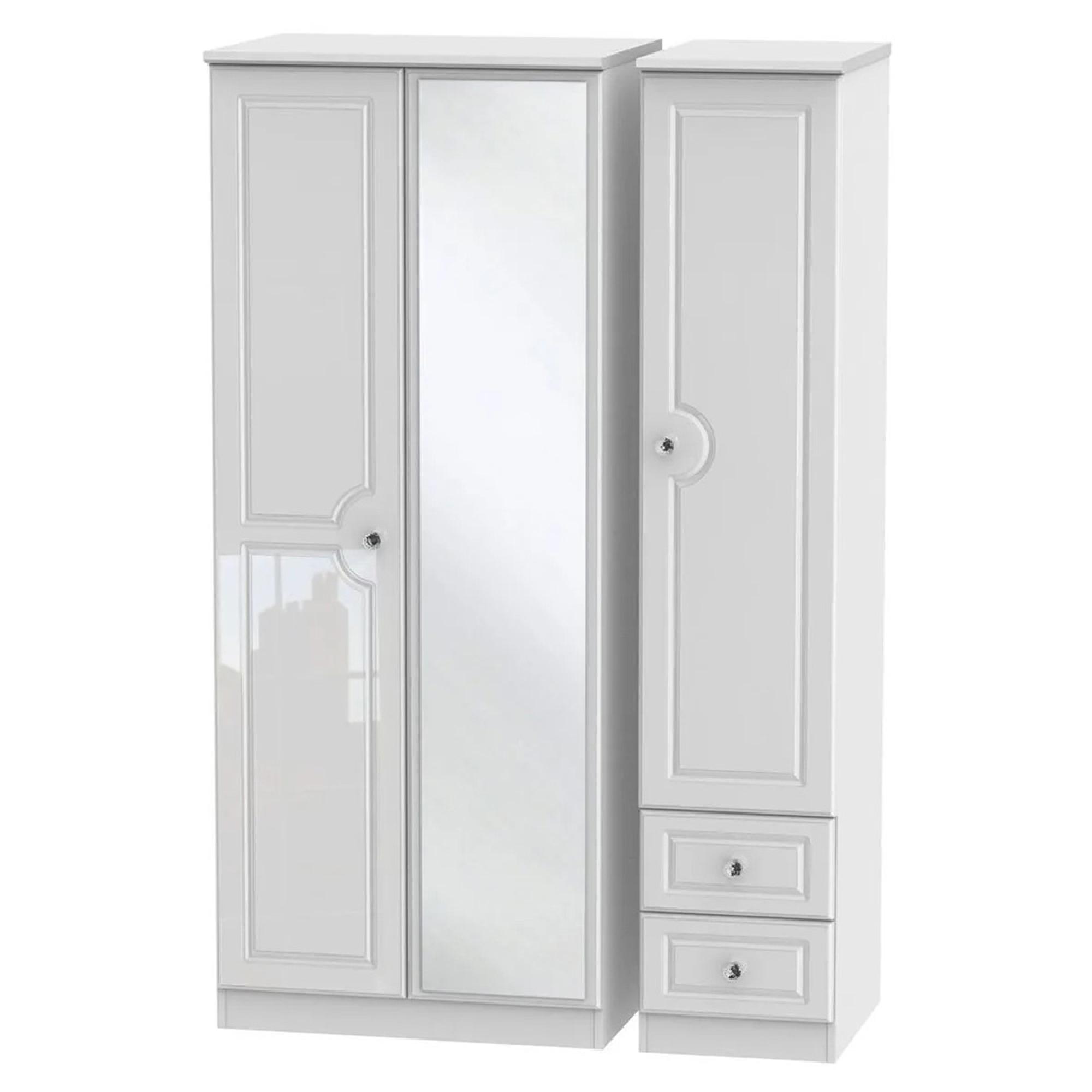 Balmoral Wardrobe - 3 Door - Combi - with 1 Mirror - and RHF 2 Drawers - White Gloss