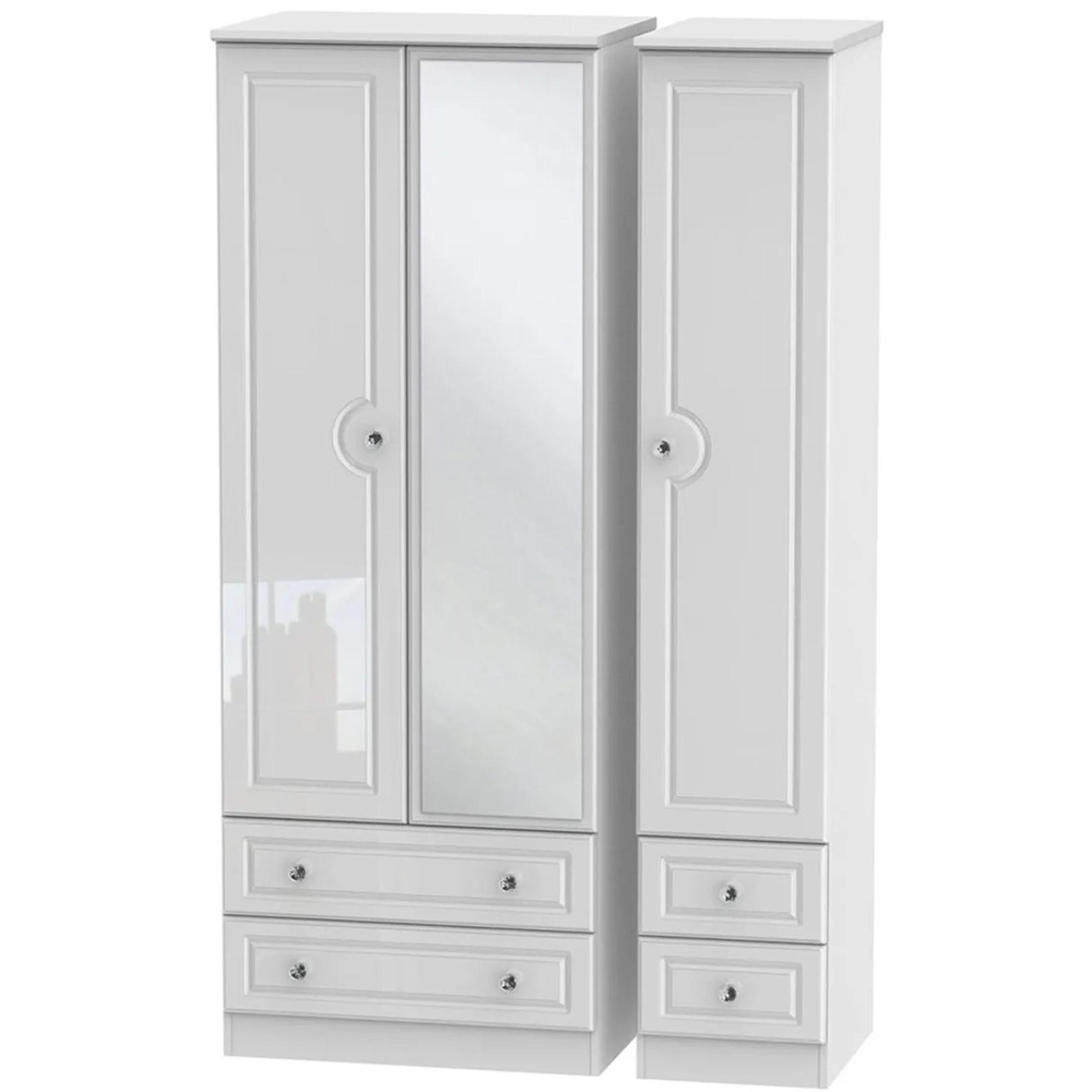 Balmoral Wardrobe - 3 Door - Tall Combi - with 1 Mirror - White Gloss