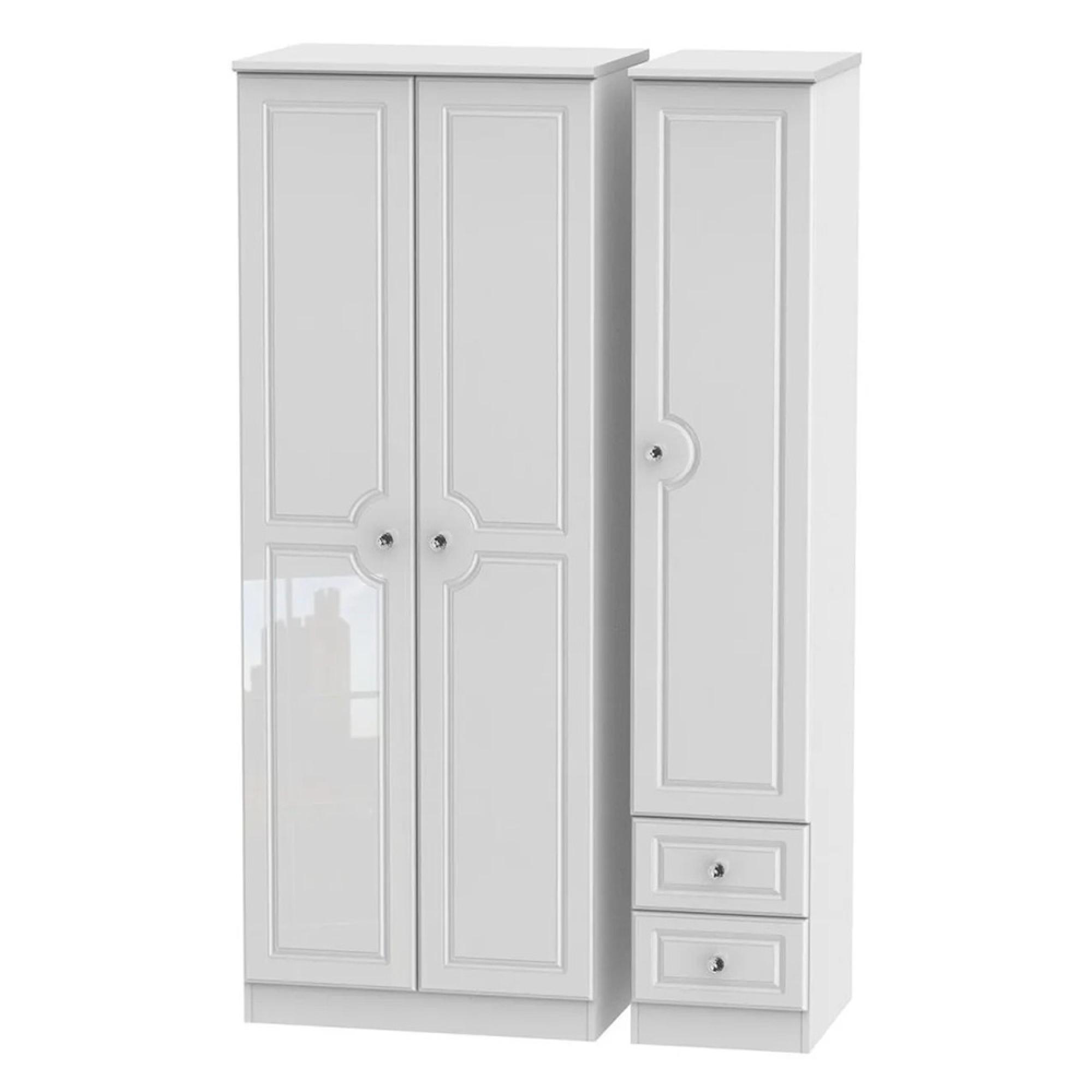 Balmoral Wardrobe - 3 Door - Tall Triple -  with RHF 2 Drawers - White Gloss
