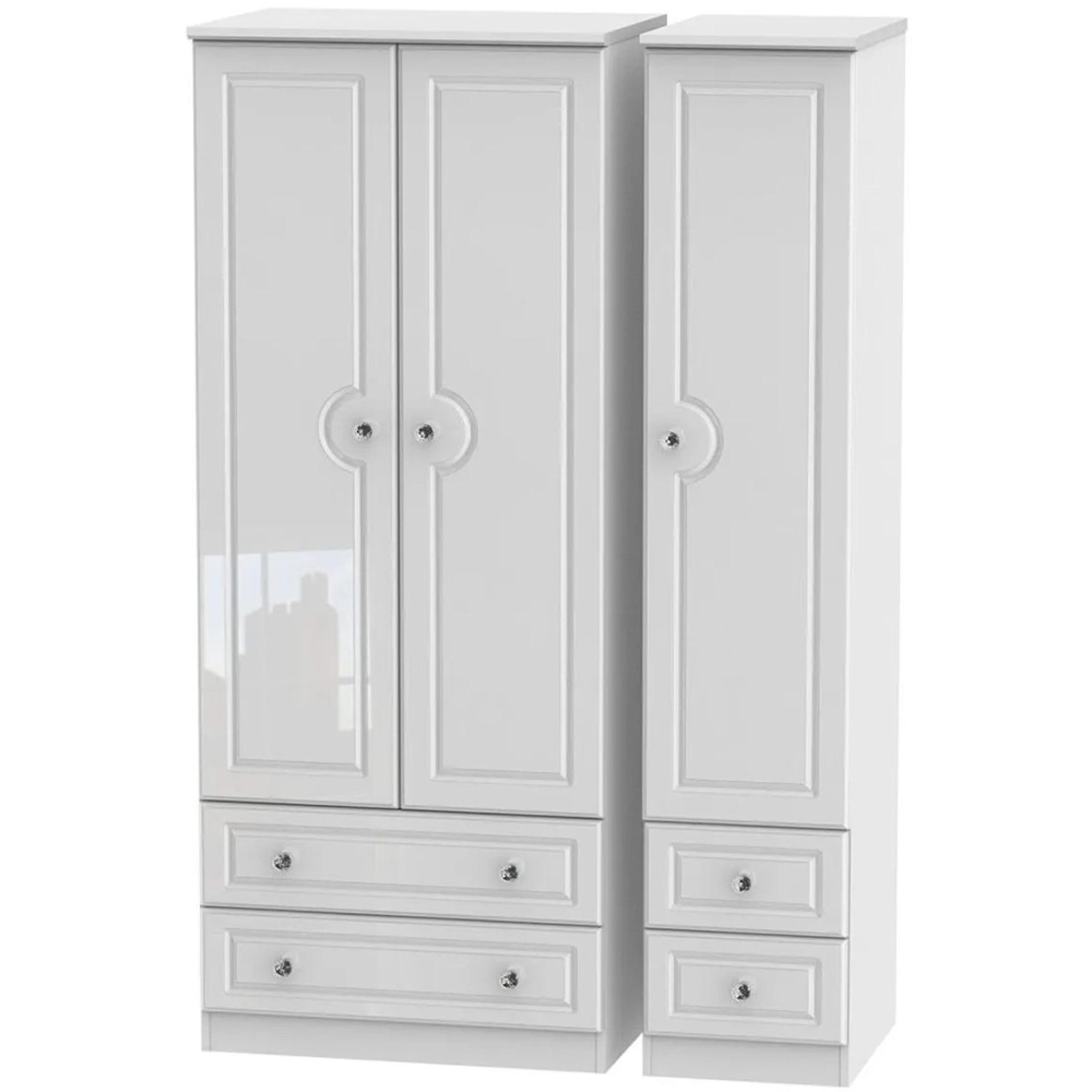 Balmoral Wardrobe - 3 Door - Triple - with 4 Drawers - White Gloss