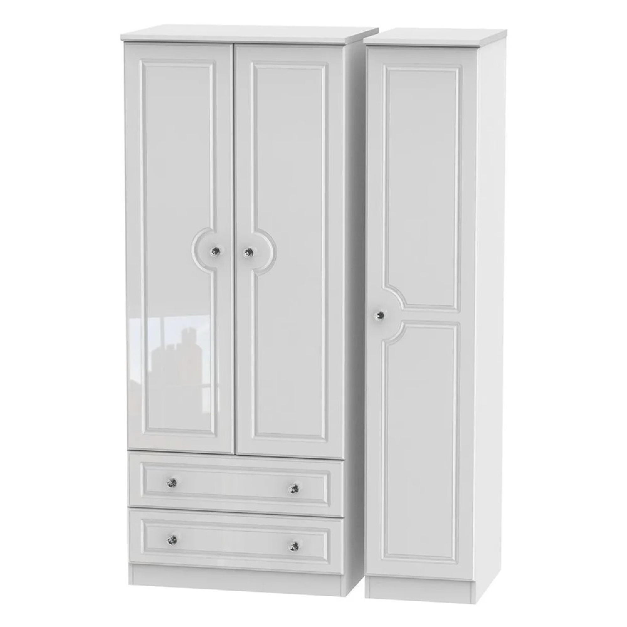 Balmoral Wardrobe - 3 Door - Triple - with LHF 2 Drawers - White Gloss