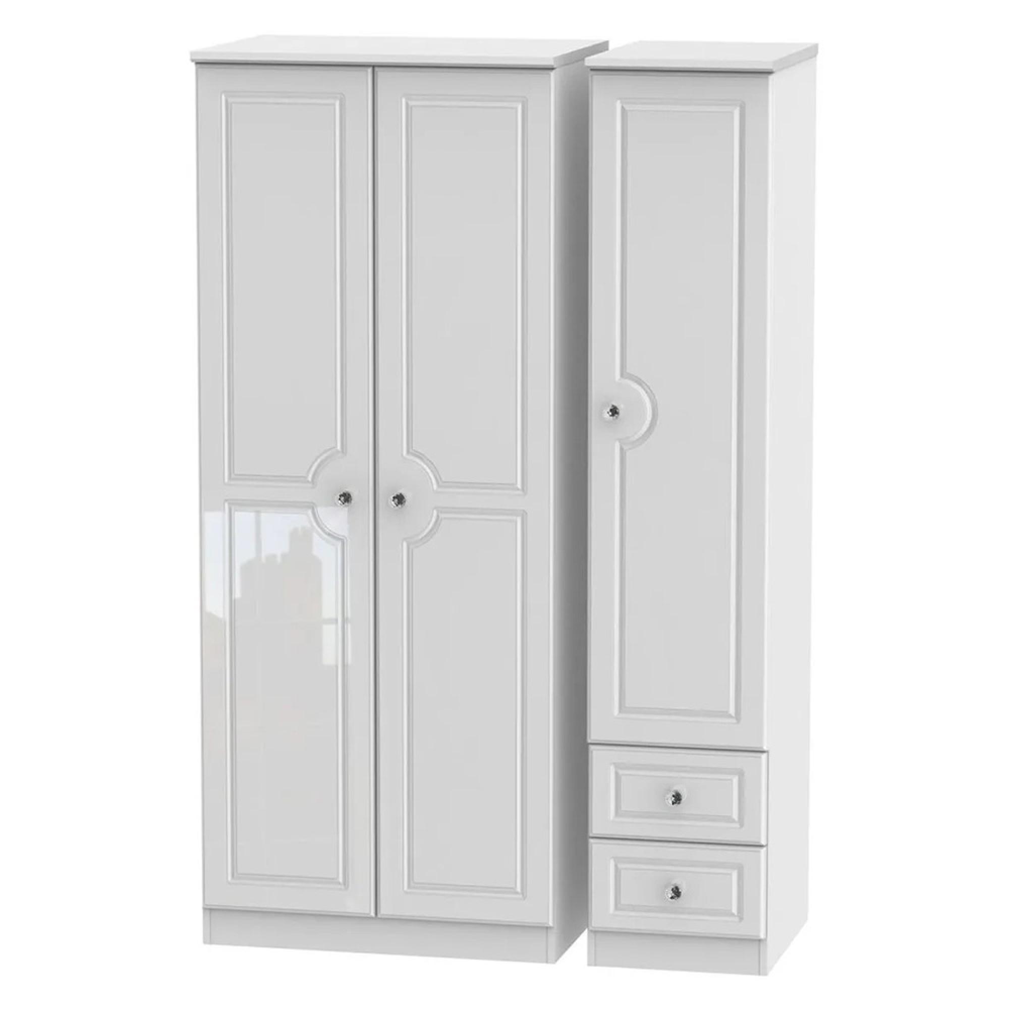 Balmoral Wardrobe - 3 Door - Triple - with RHF 2 Drawers - White Gloss