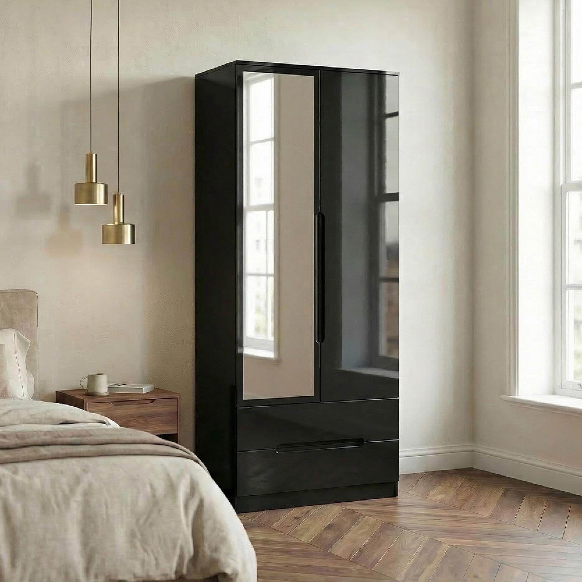 Monaco Wardrobe - 2 Door - 1 Mirror - Tall - Combi - Black Gloss