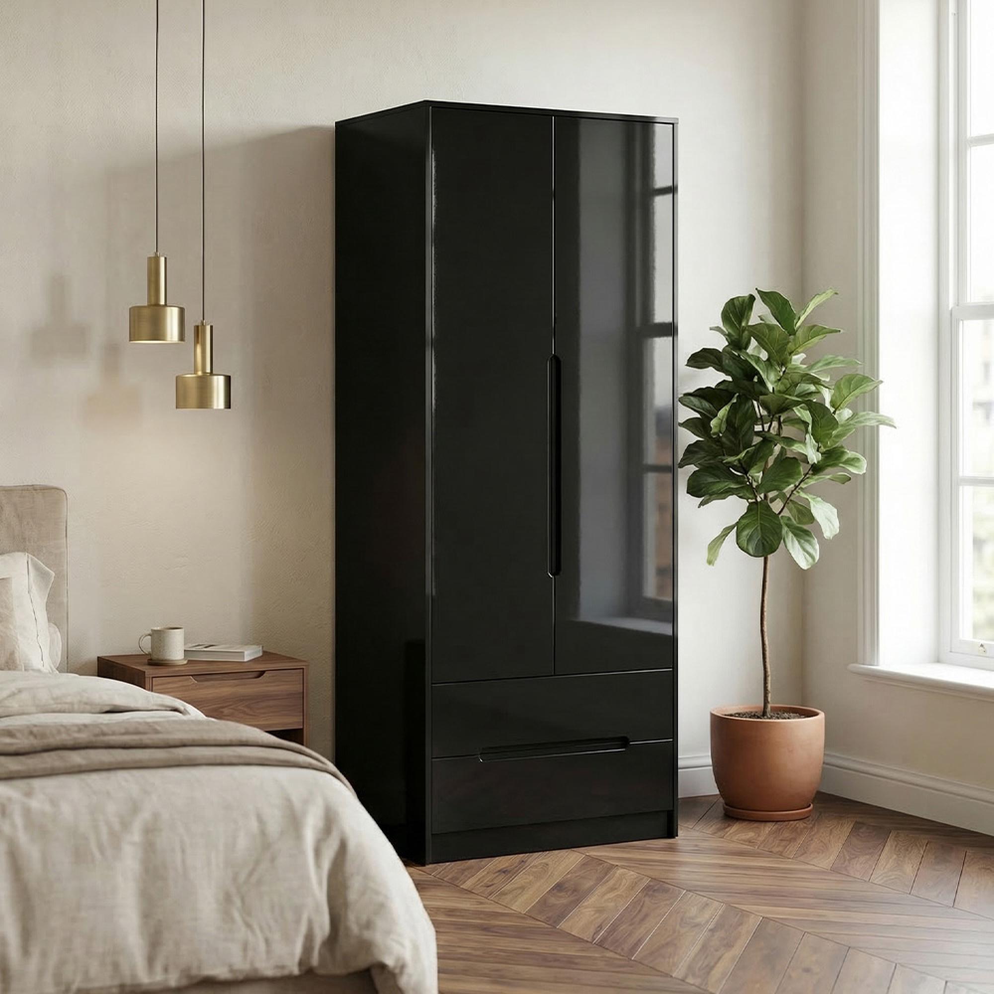 Monaco Wardrobe - 2 Door - 2 Drawer - Tall - Black Gloss