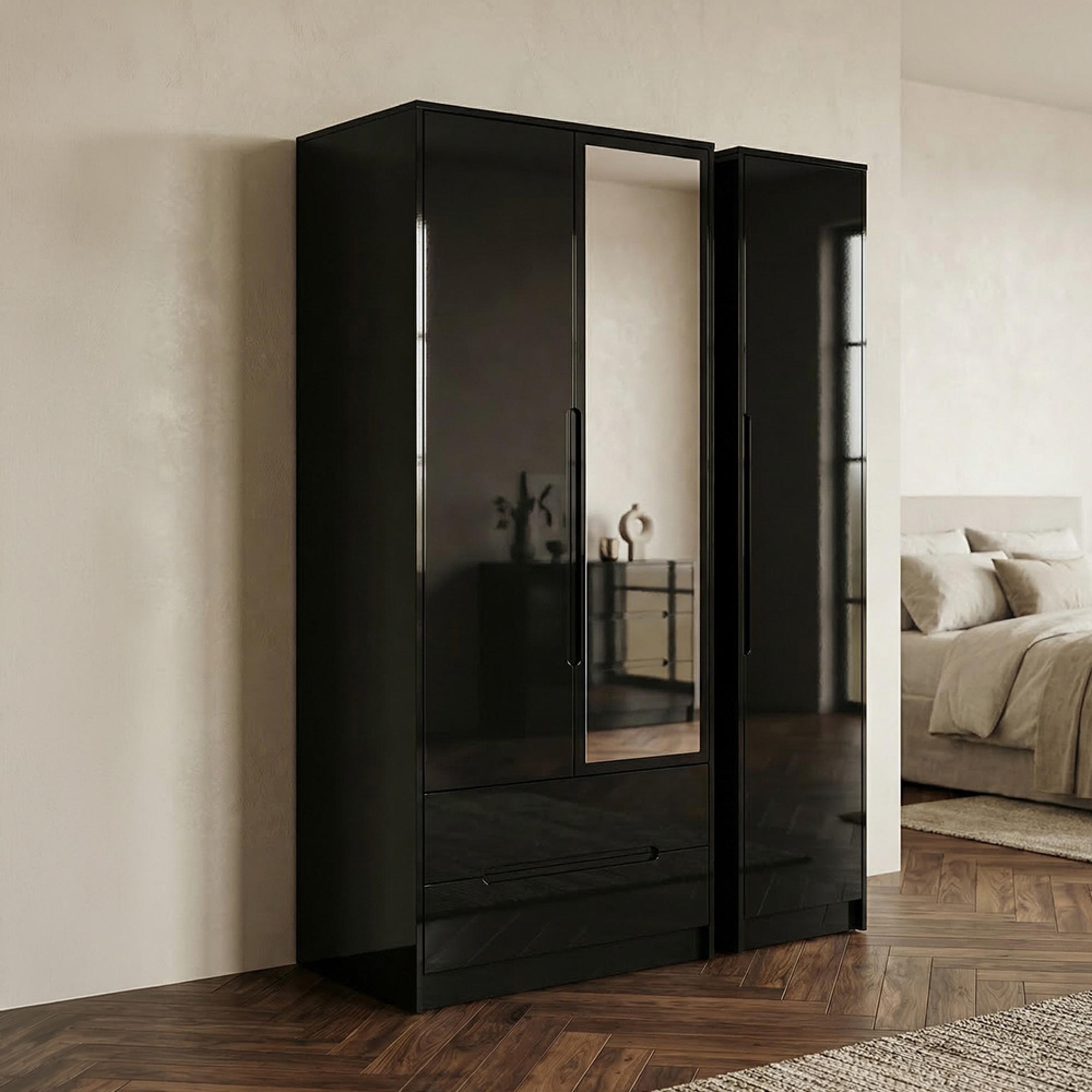 Monaco Wardrobe - 3 Door - 1 Mirror - LHF 2 Drawer - Tall - Combi - Black Gloss