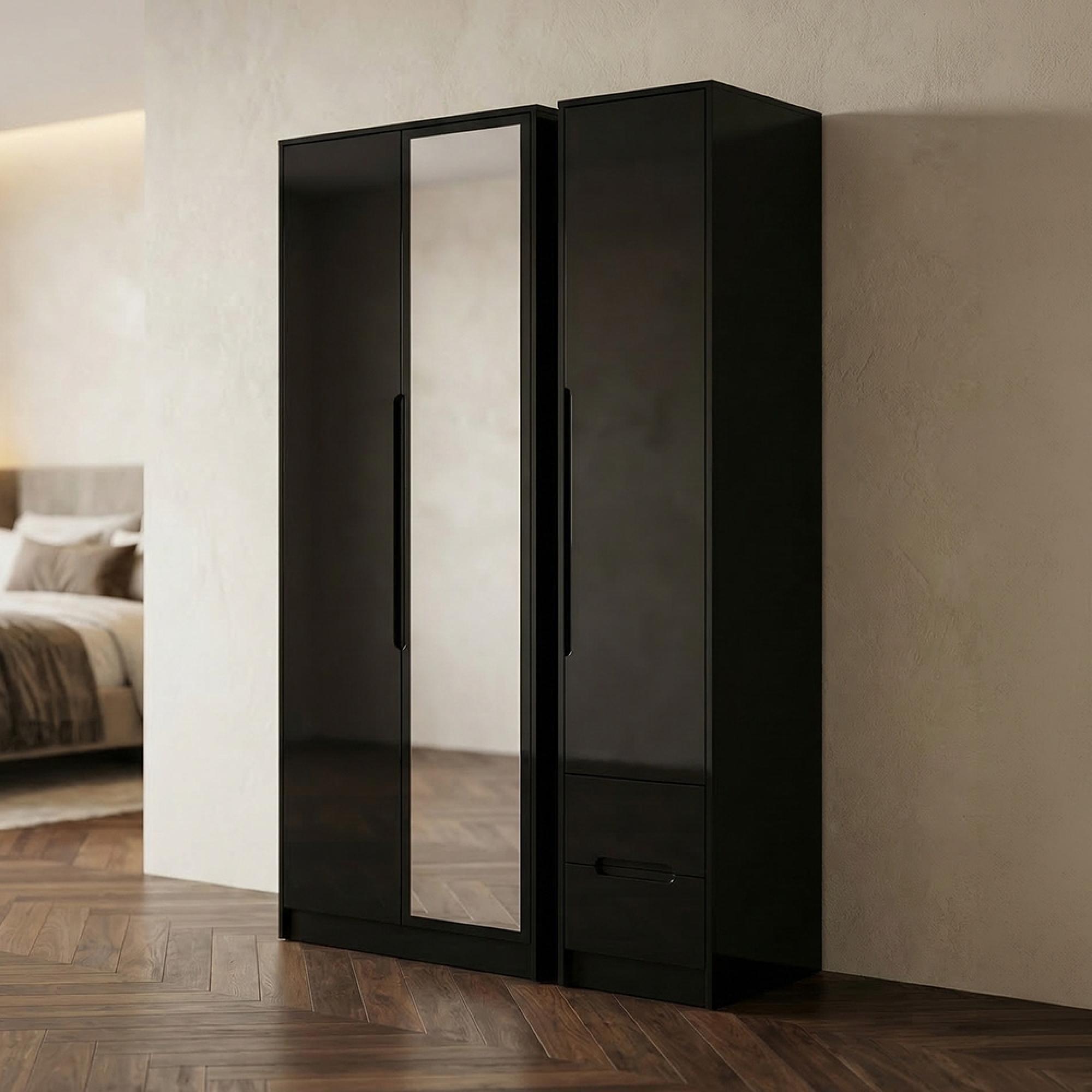 Monaco Wardrobe - 3 Door - 1 Mirror - RHF 2 Drawer - Tall - Combi - Black Gloss