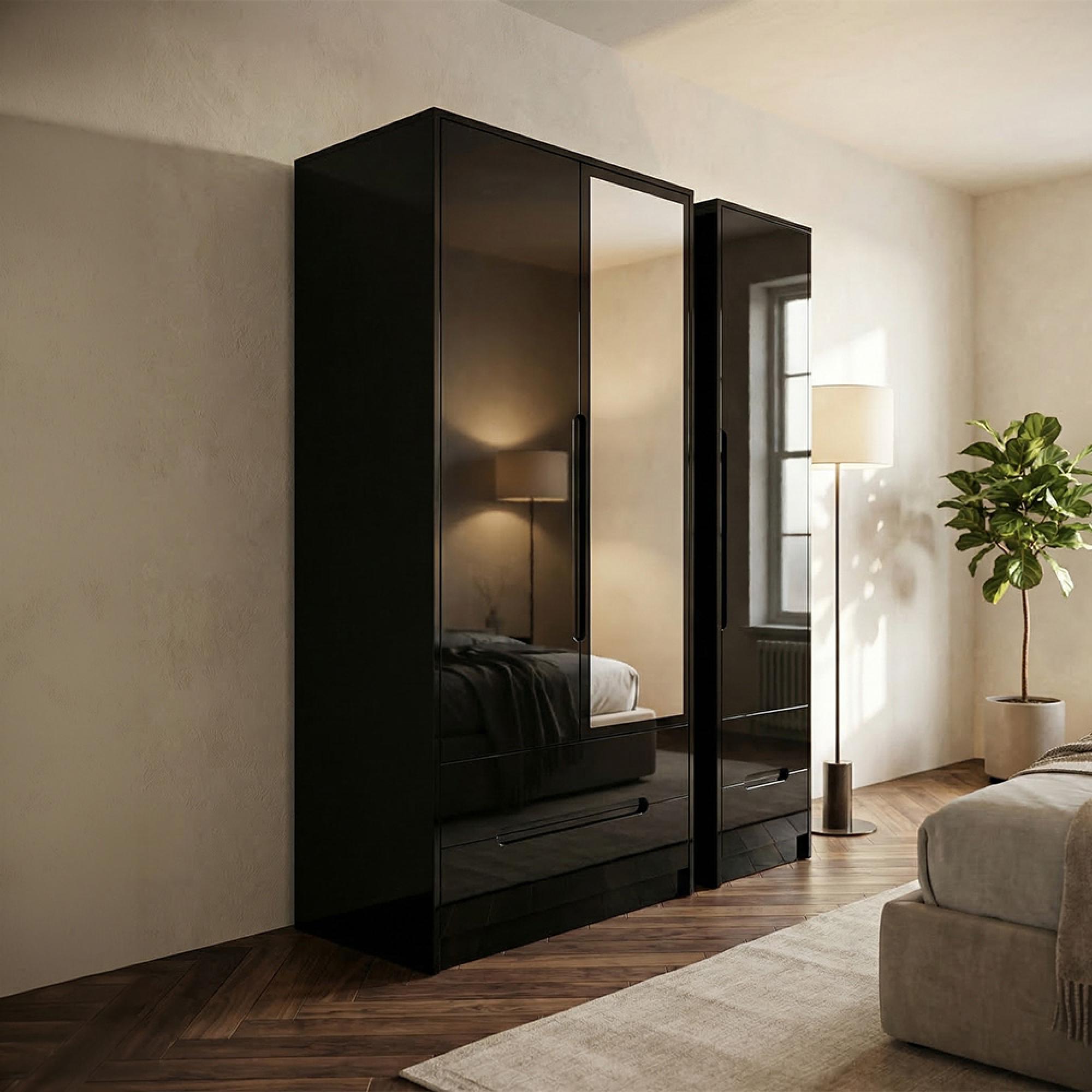 Monaco Wardrobe - 3 Door - 1 Mirror - Tall - Combi - Black Gloss