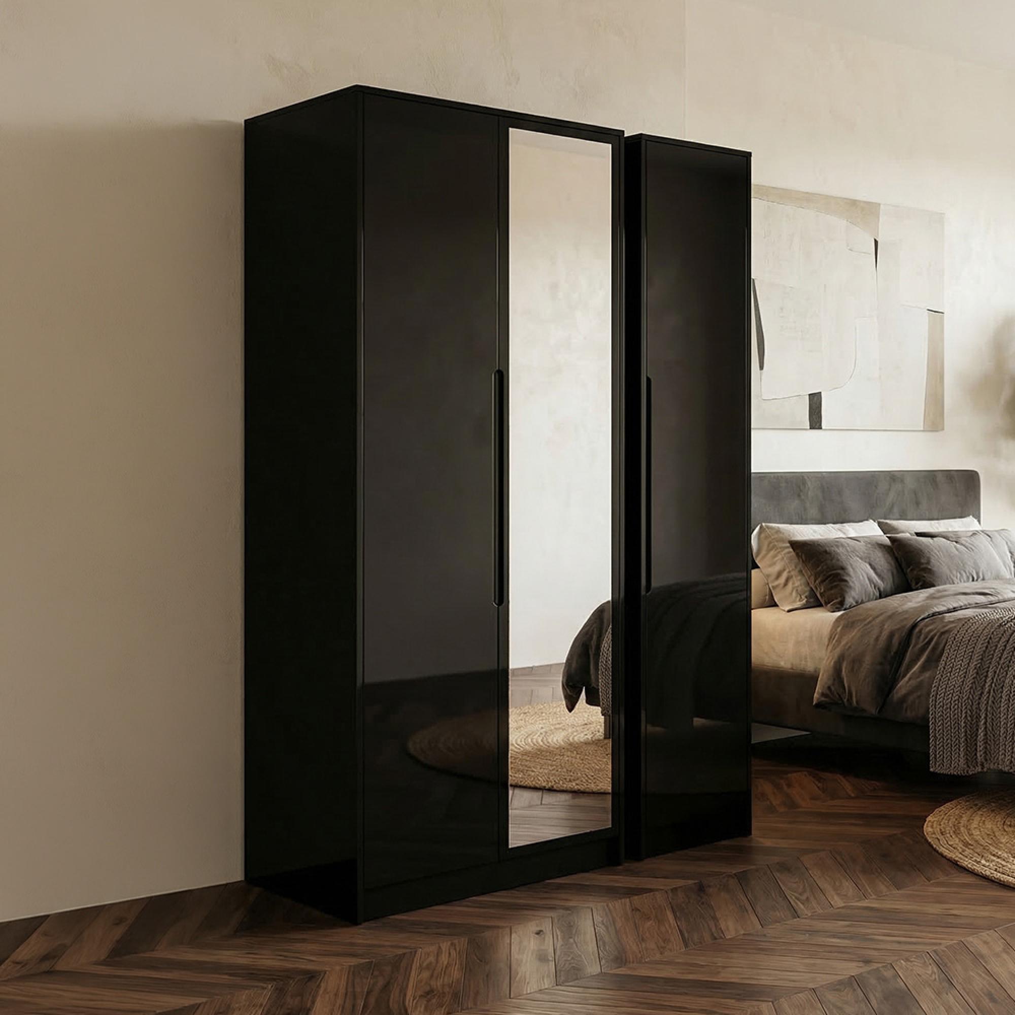 Monaco Wardrobe - 3 Door - 1 Mirror - Tall - Triple - Black Gloss