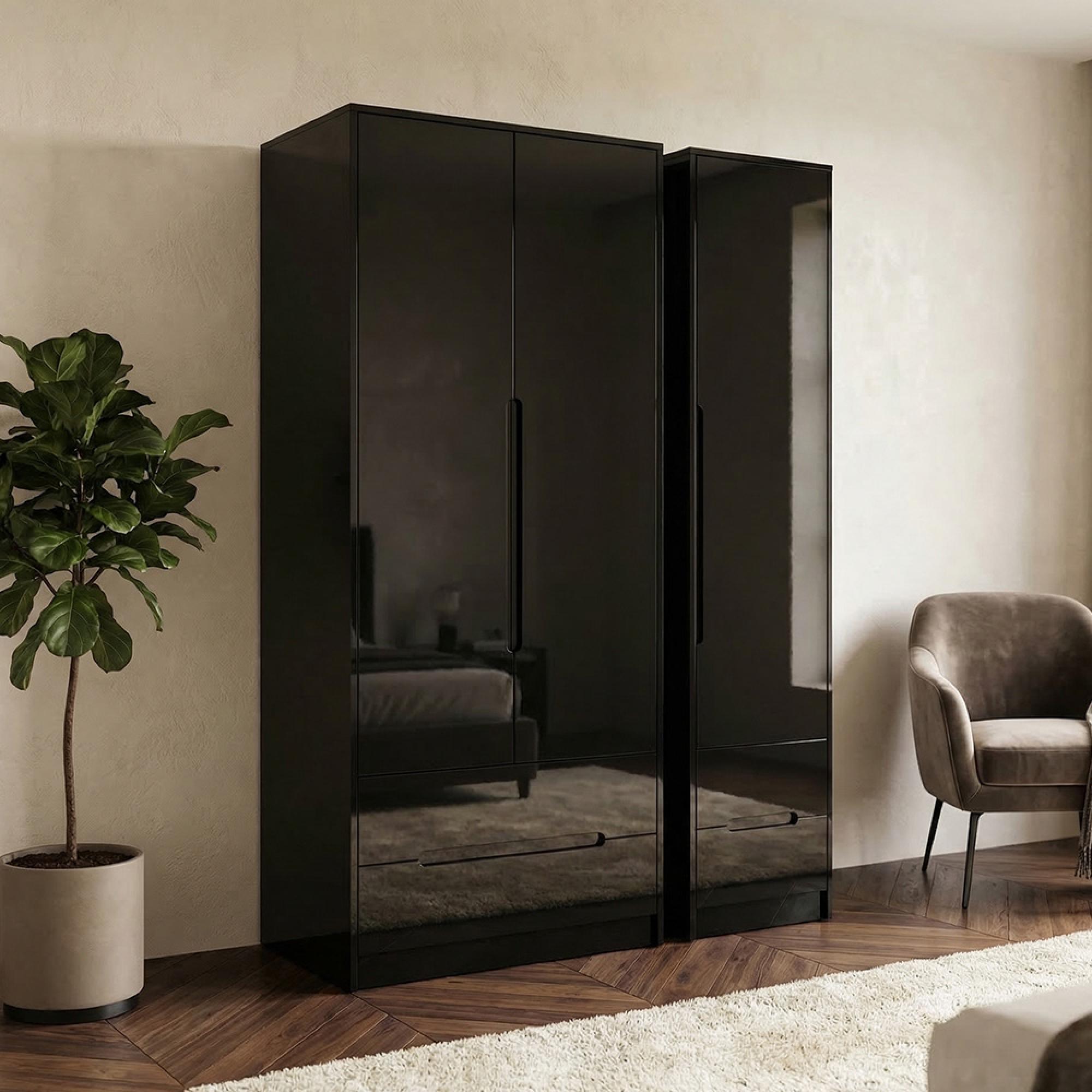 Monaco Wardrobe - 3 Door - 4 Drawer - Tall - Triple - Black Gloss