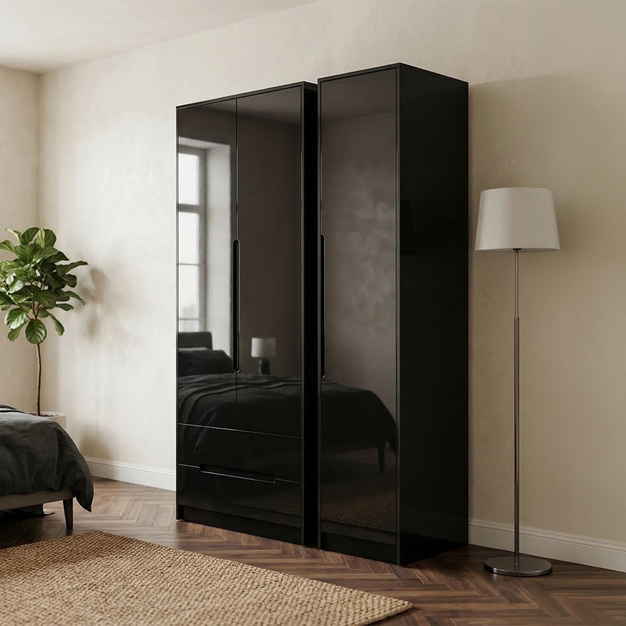 Monaco Wardrobe - 3 Door - LHF 2 Drawer - Tall - Triple - Black Gloss