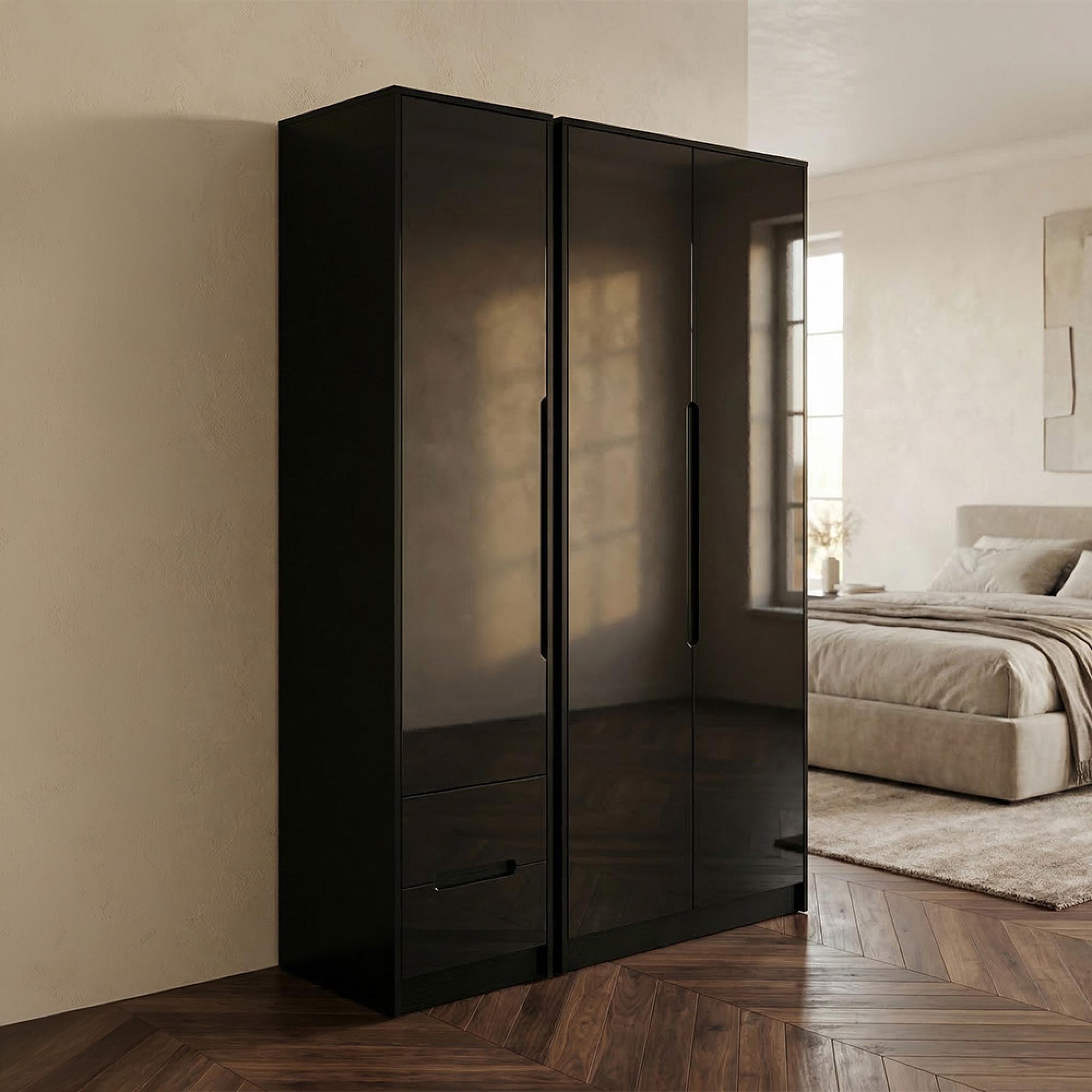 Monaco Wardrobe - 3 Door - RHF 2 Drawer - Tall - Triple - Black Gloss