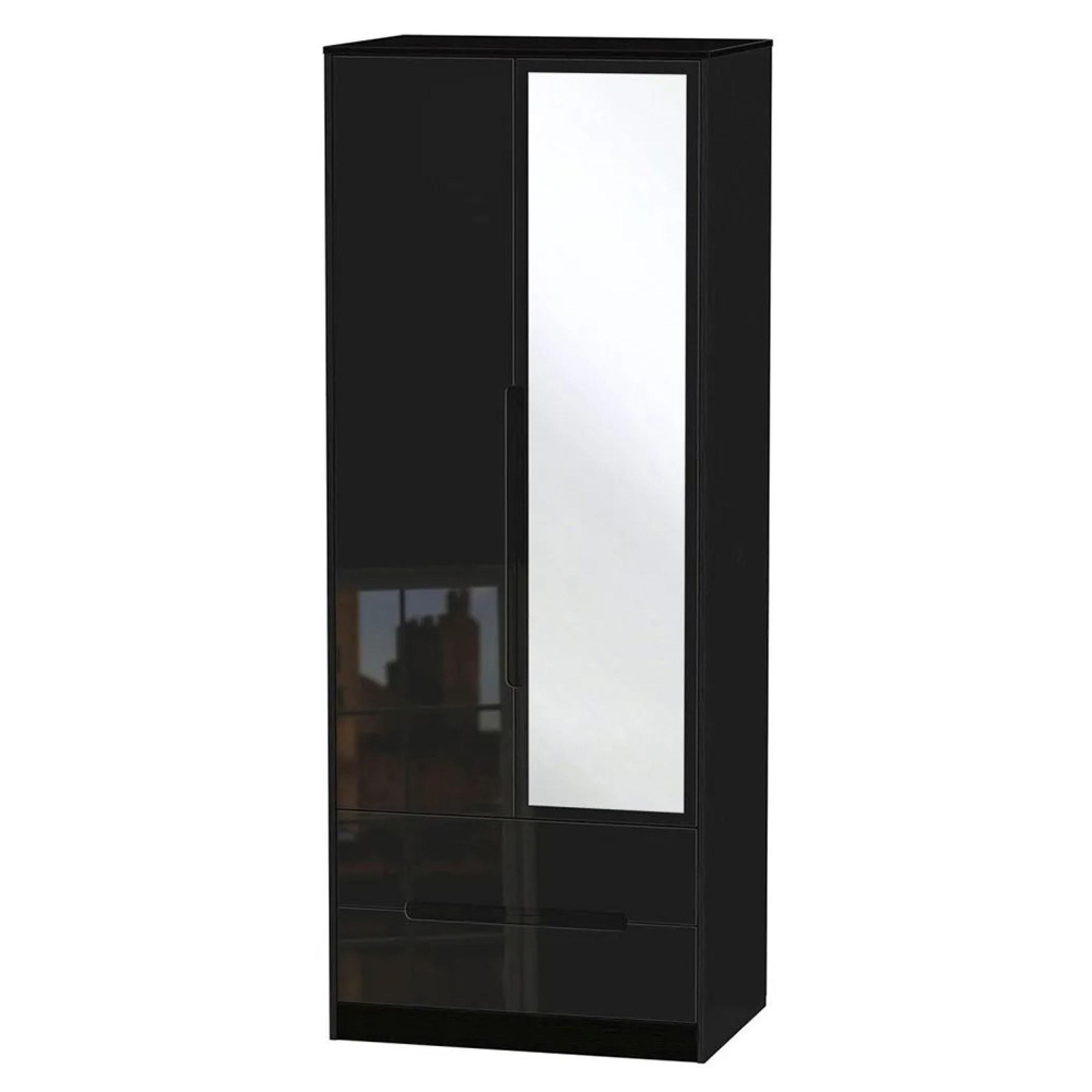 Monaco Wardrobe - 2 Door - 1 Mirror - Tall - Combi - Black Gloss