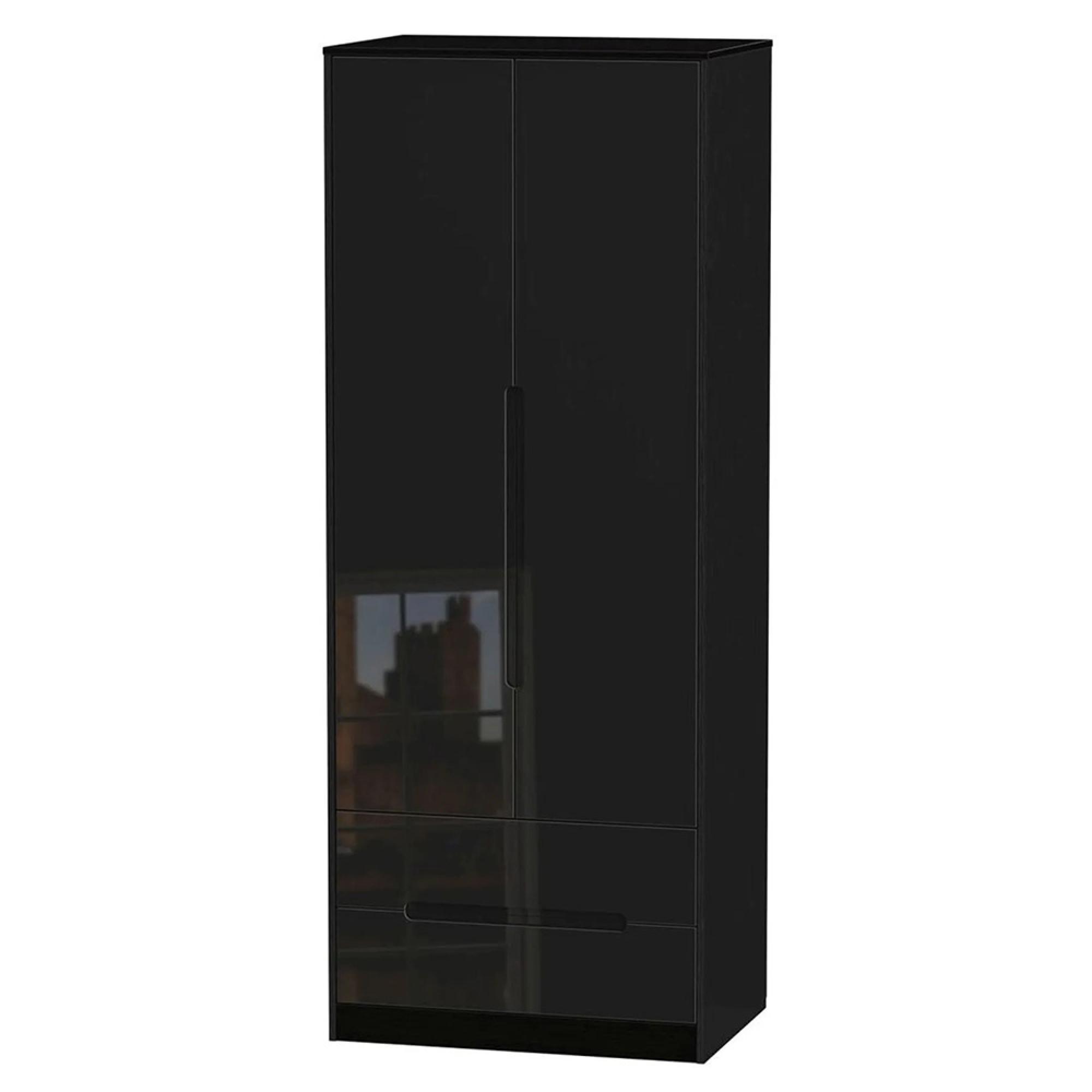 Monaco Wardrobe - 2 Door - 2 Drawer - Tall - Black Gloss