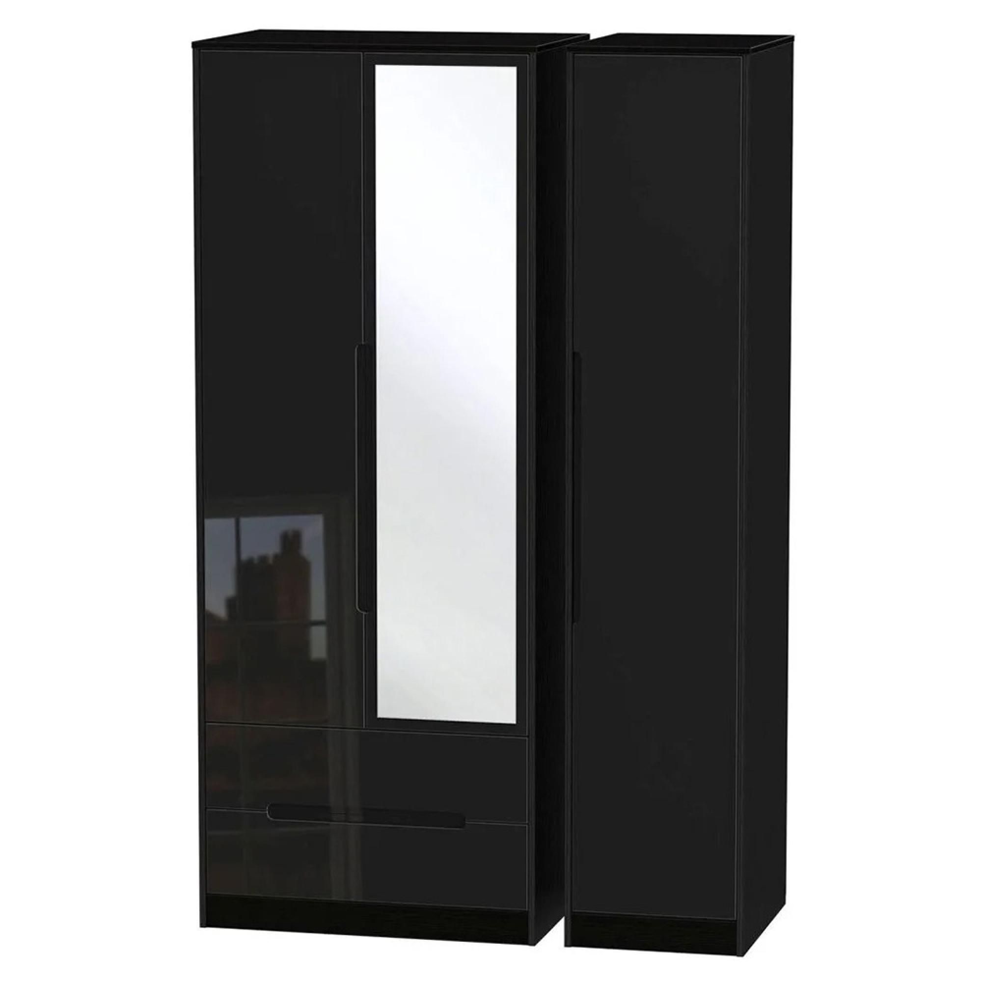 Monaco Wardrobe - 3 Door - 1 Mirror - LHF 2 Drawer - Tall - Combi - Black Gloss