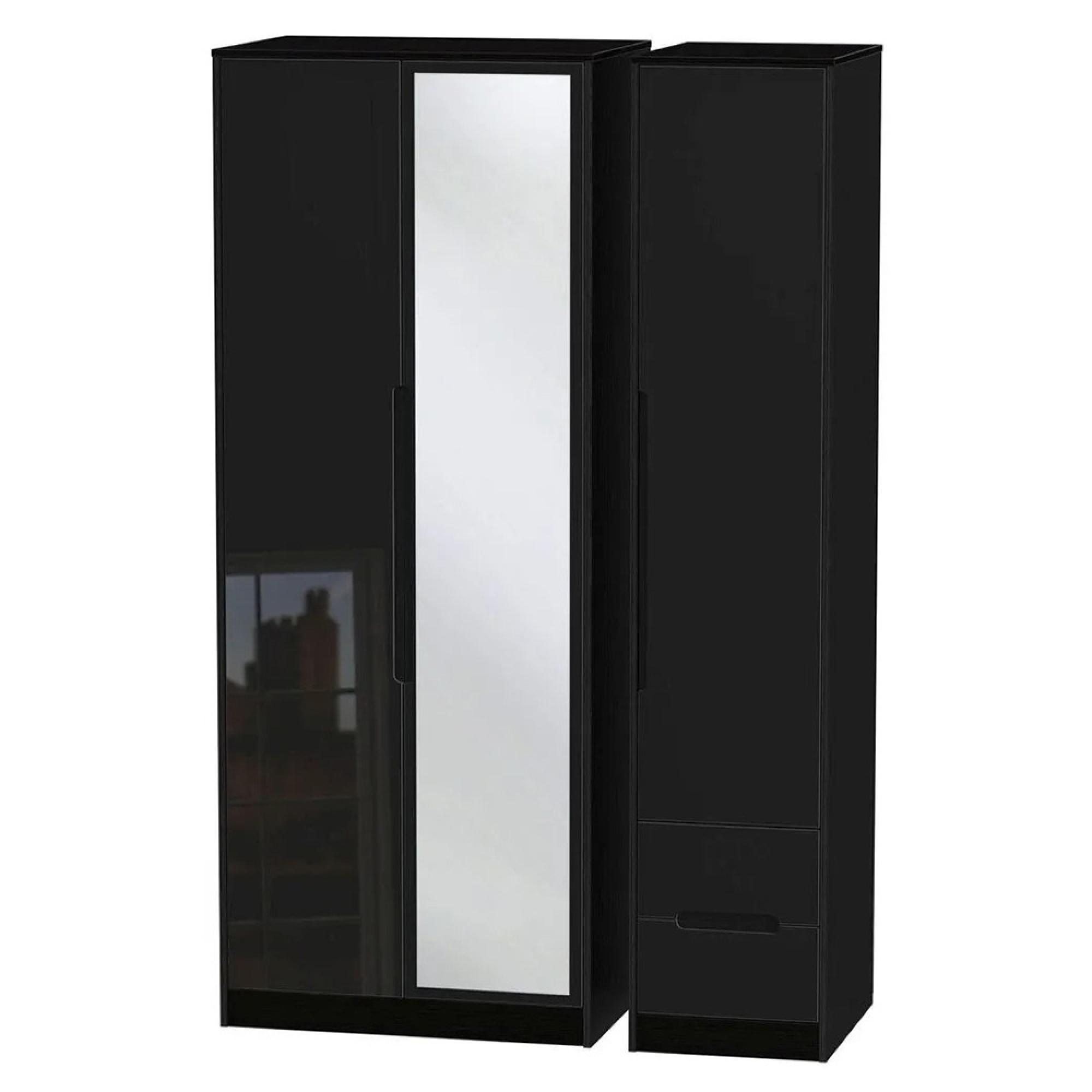 Monaco Wardrobe - 3 Door - 1 Mirror - RHF 2 Drawer - Tall - Combi - Black Gloss