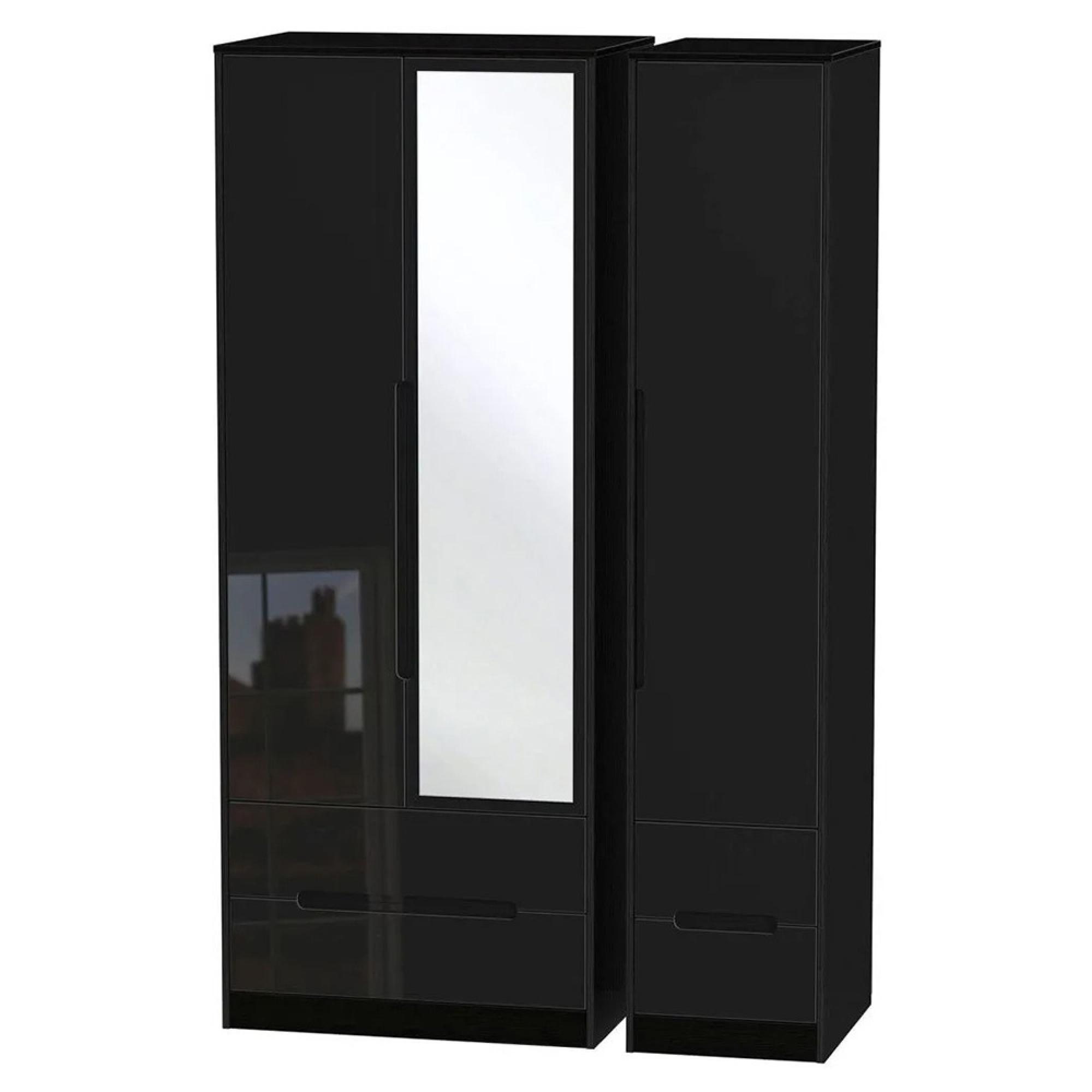 Monaco Wardrobe - 3 Door - 1 Mirror - Tall - Combi - Black Gloss
