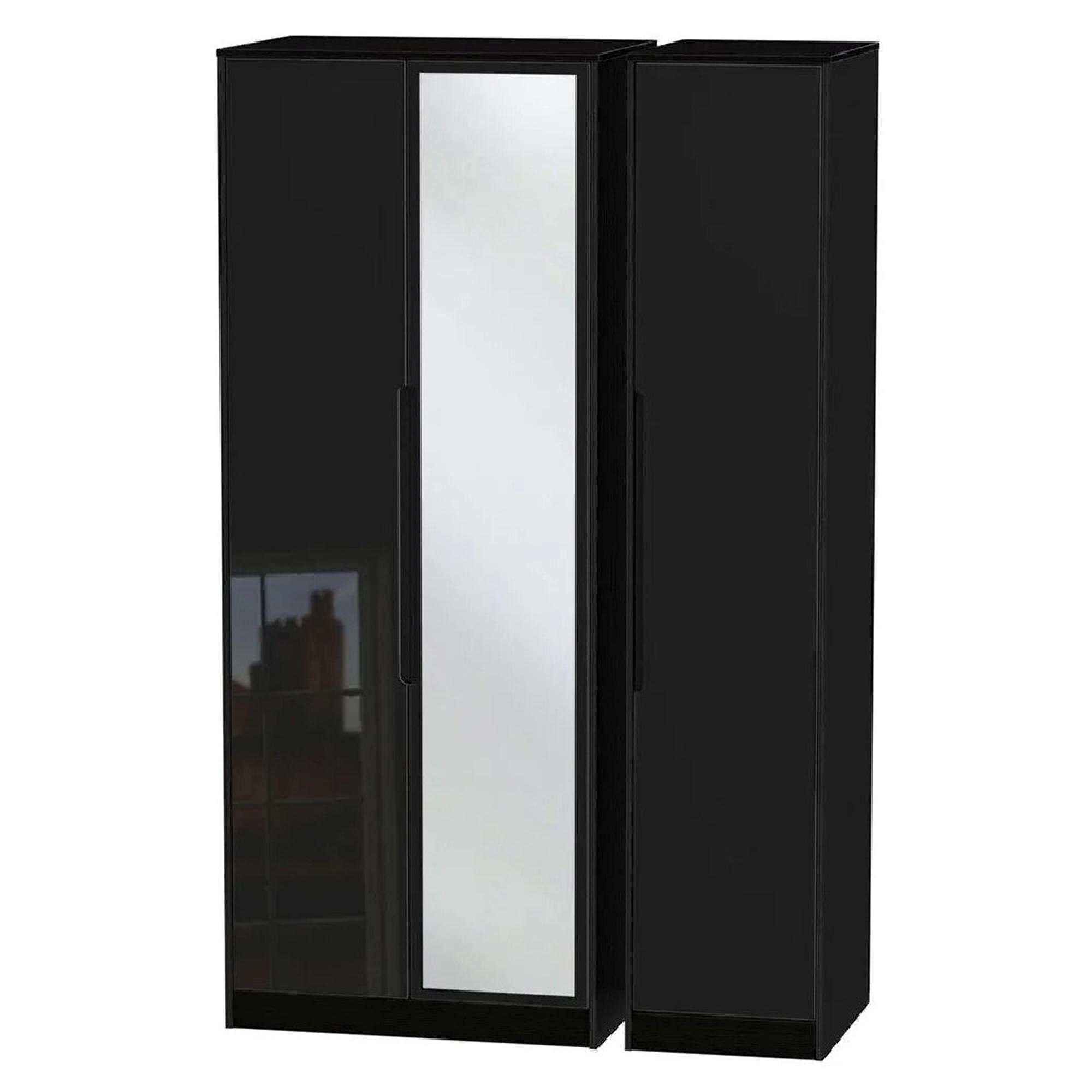 Monaco Wardrobe - 3 Door - 1 Mirror - Tall - Triple - Black Gloss
