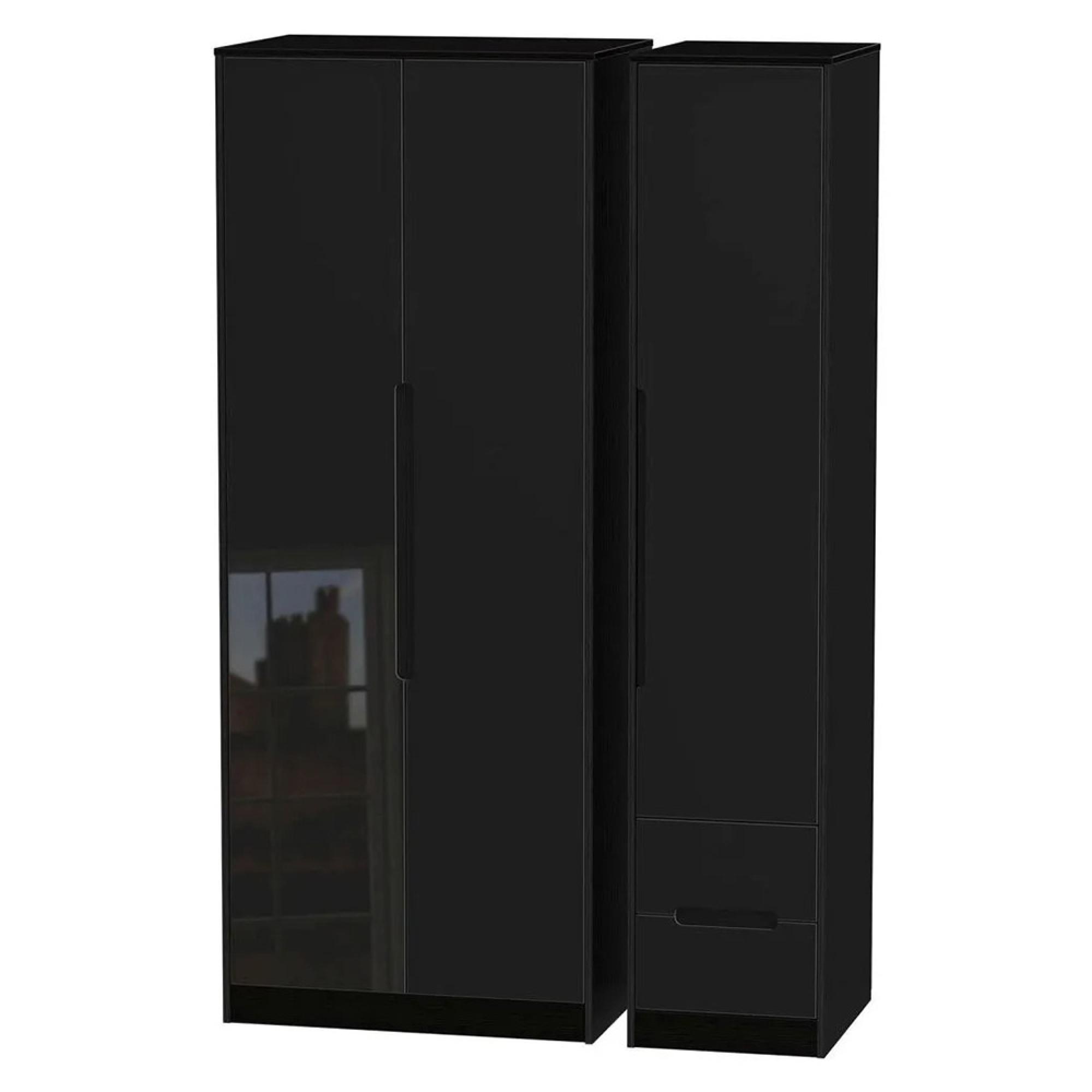 Monaco Wardrobe - 3 Door - RHF 2 Drawer - Tall - Triple - Black Gloss
