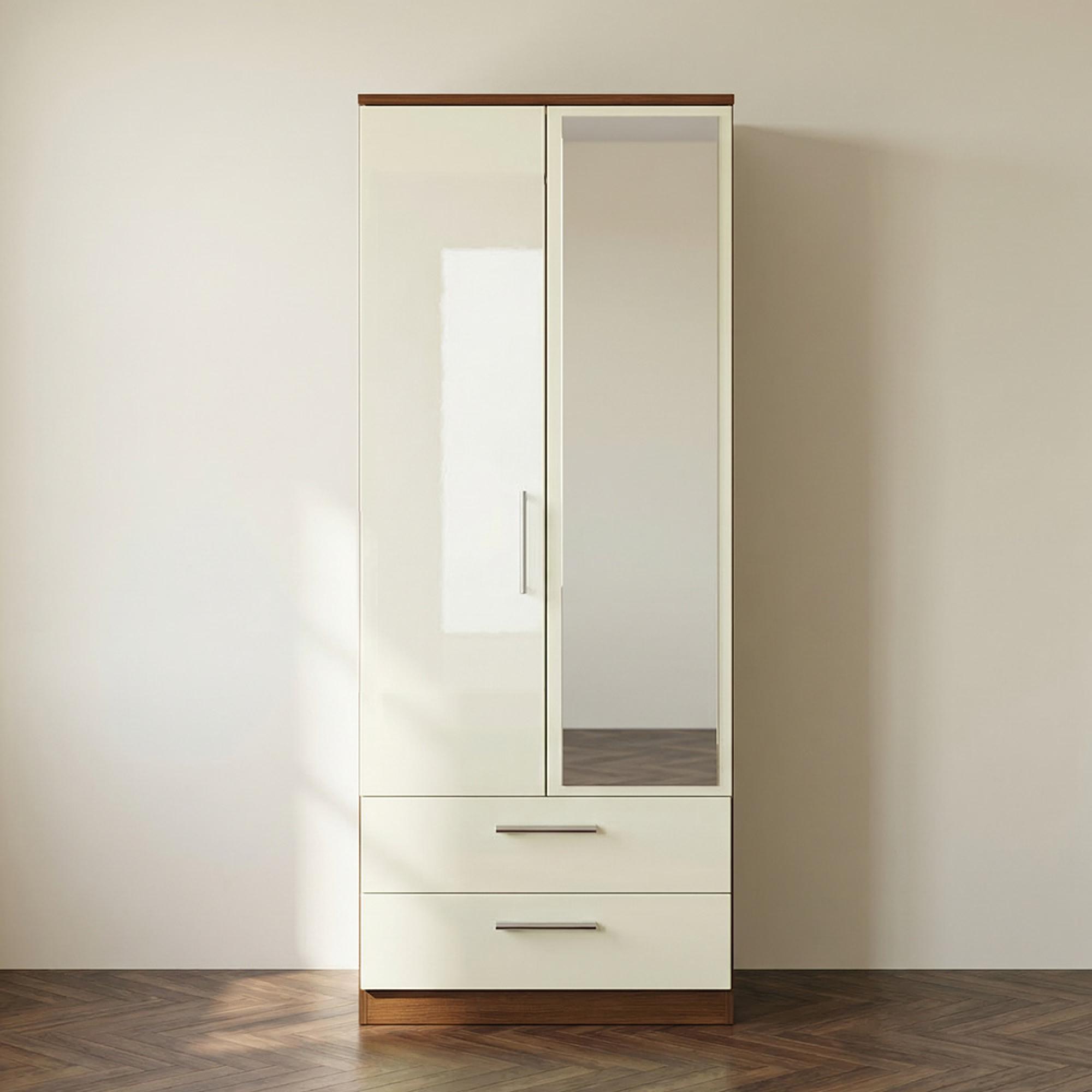 Knightsbridge Wardrobe - 2 Door - 1 Mirror  - Combi - Cream Gloss and Walnut