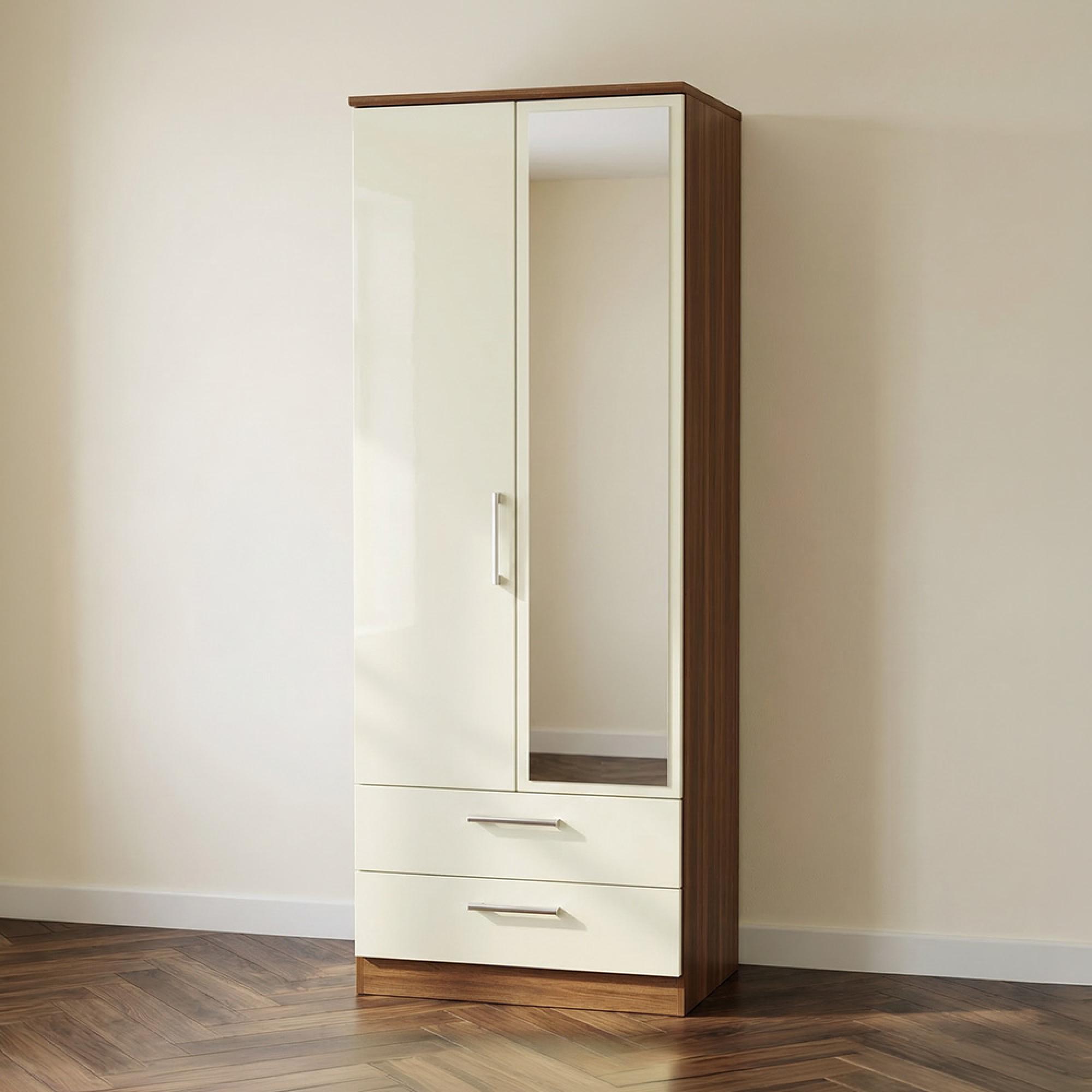Knightsbridge Wardrobe - 2 Door - 1 Mirror - Combi - Tall - Cream Gloss and Walnut