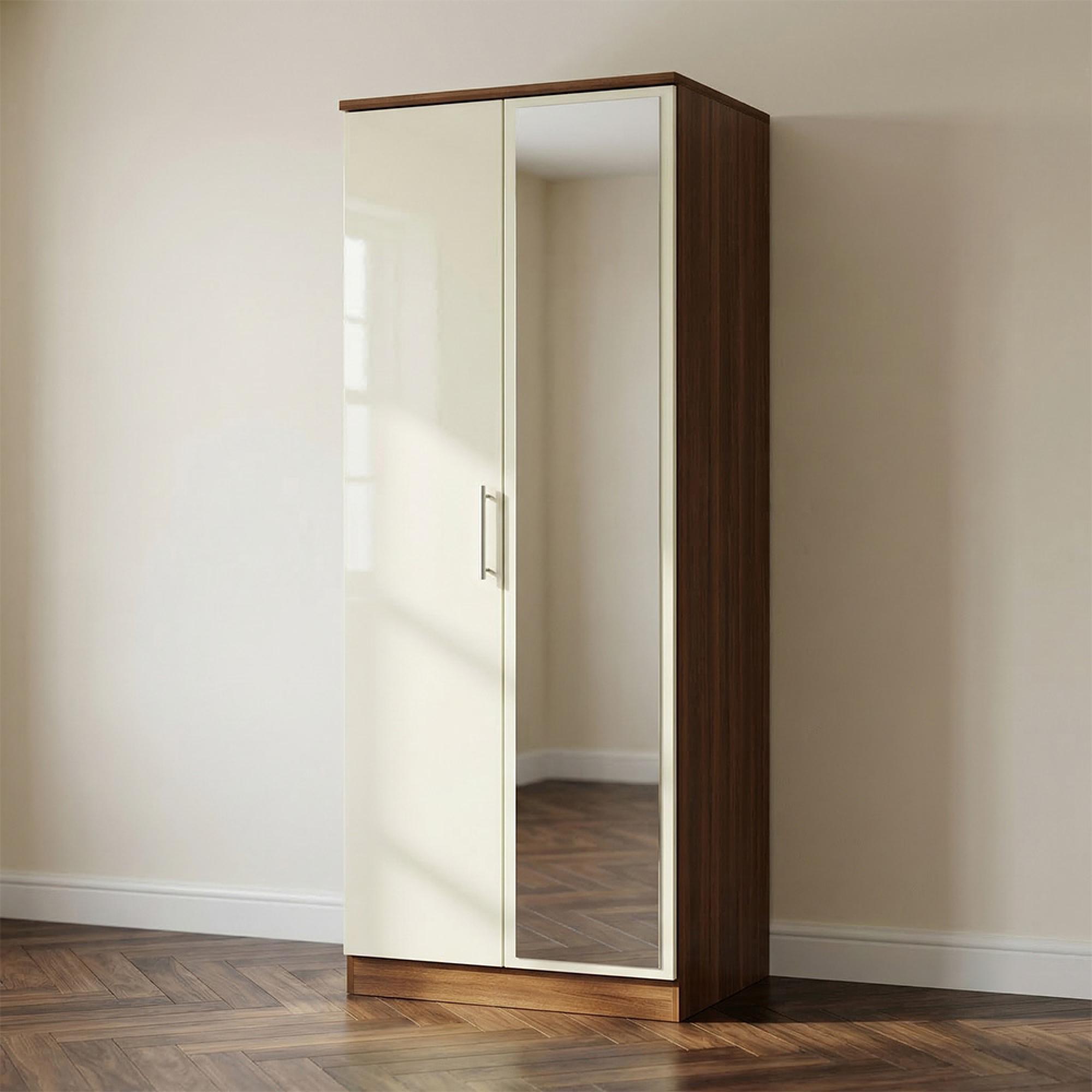 Knightsbridge Wardrobe - 2 Door - 1 Mirror - Tall - Cream Gloss and Walnut