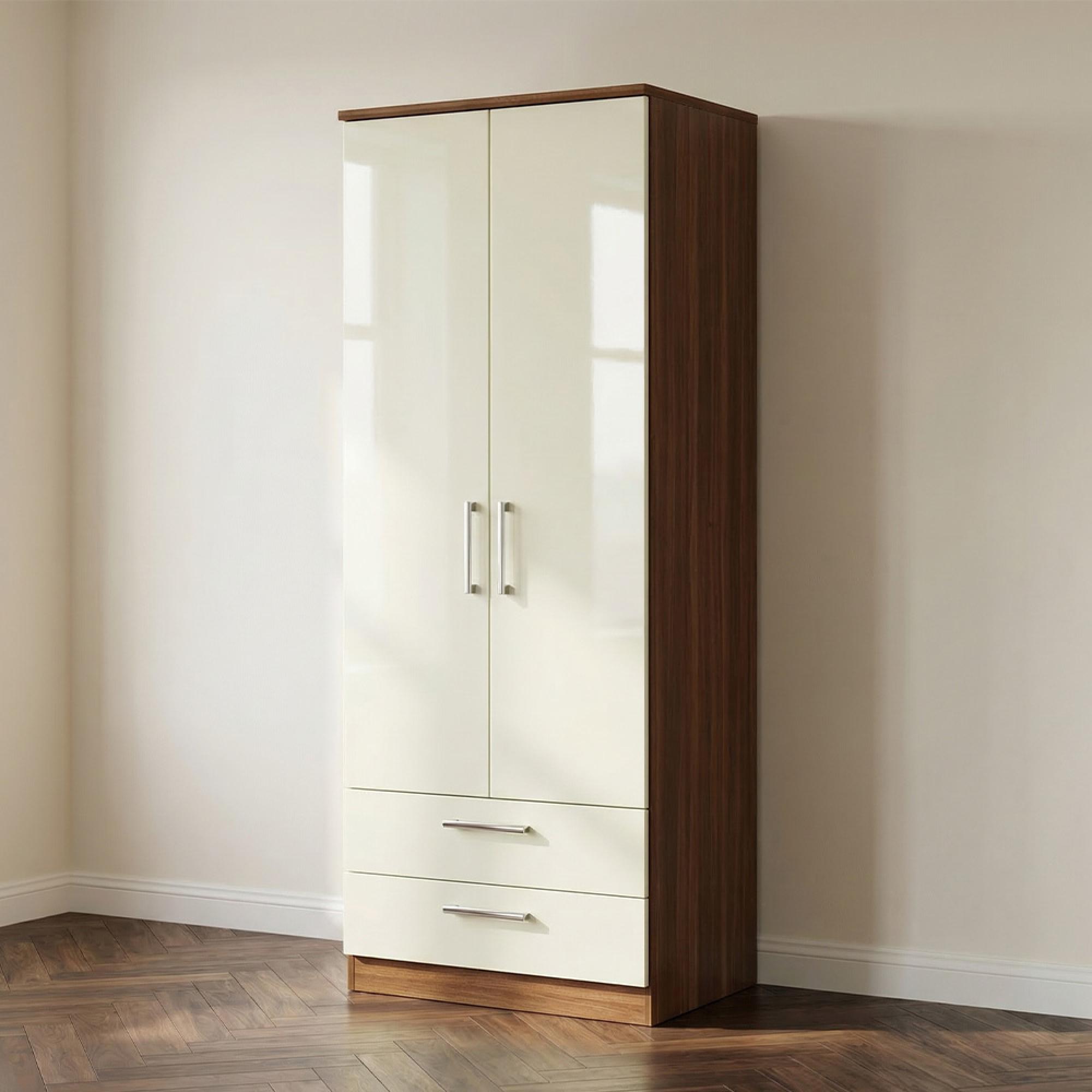 Knightsbridge Wardrobe - 2 Door - 2 Drawer - Tall - Cream Gloss and Walnut
