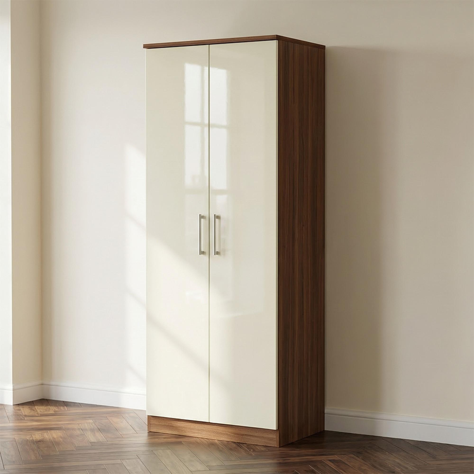 Knightsbridge Wardrobe - 2 Door - Plain - Tall - Cream Gloss and Walnut