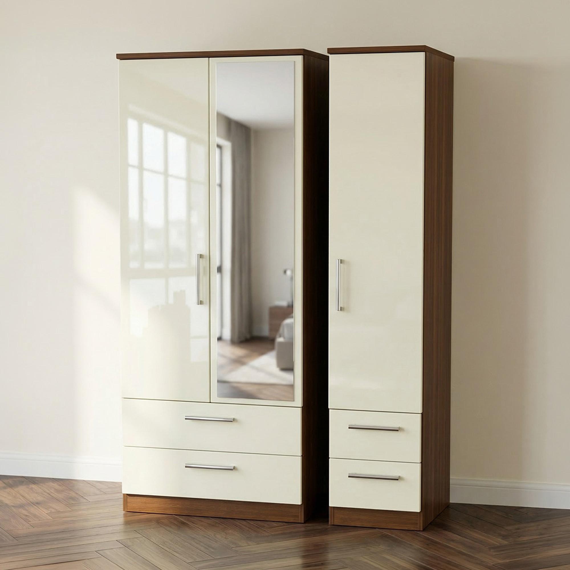 Knightsbridge Wardrobe - 3 Door - 1 Mirror - Combi - Cream Gloss and Walnut