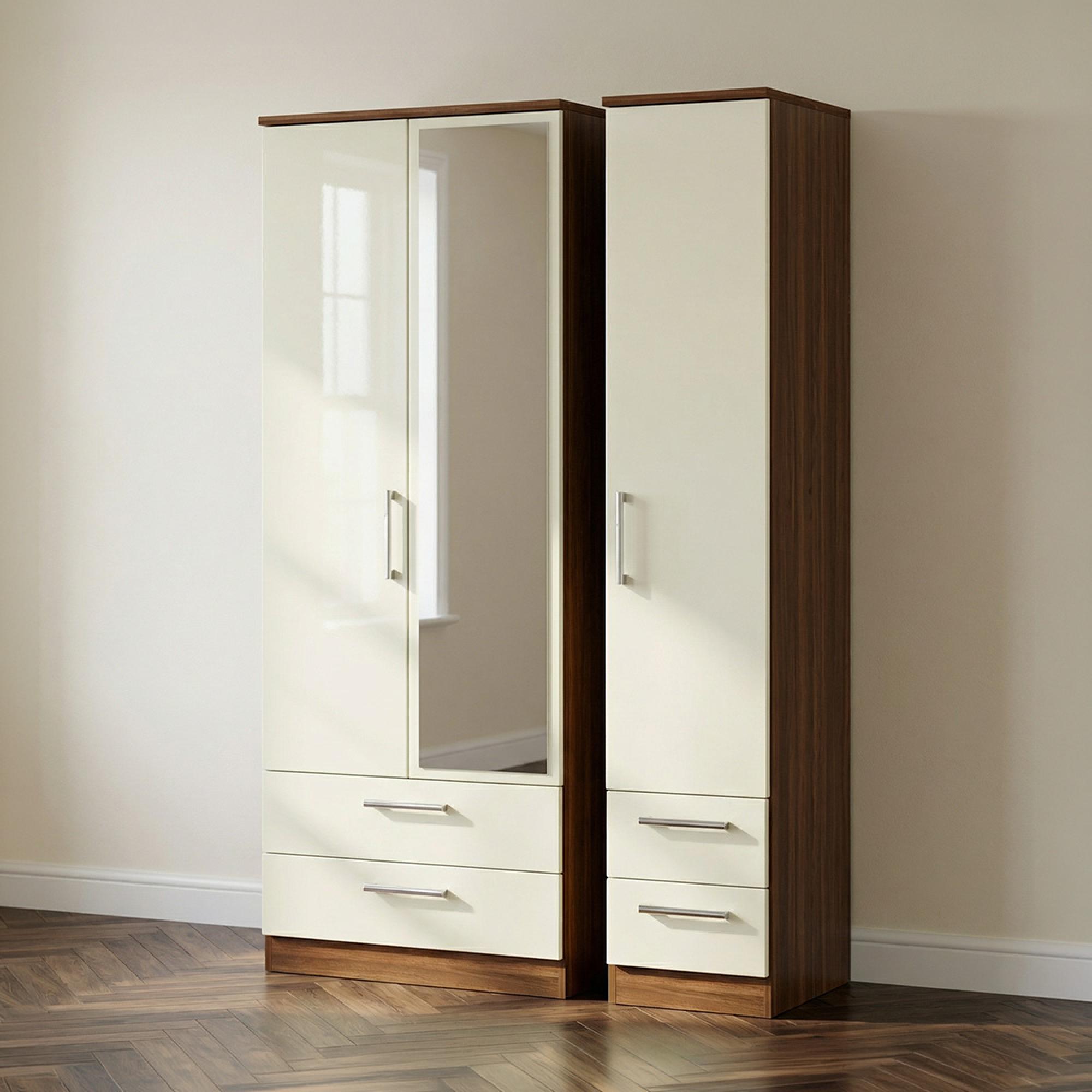 Knightsbridge Wardrobe - 3 Door - 1 Mirror - Combi - Tall - Cream Gloss and Walnut