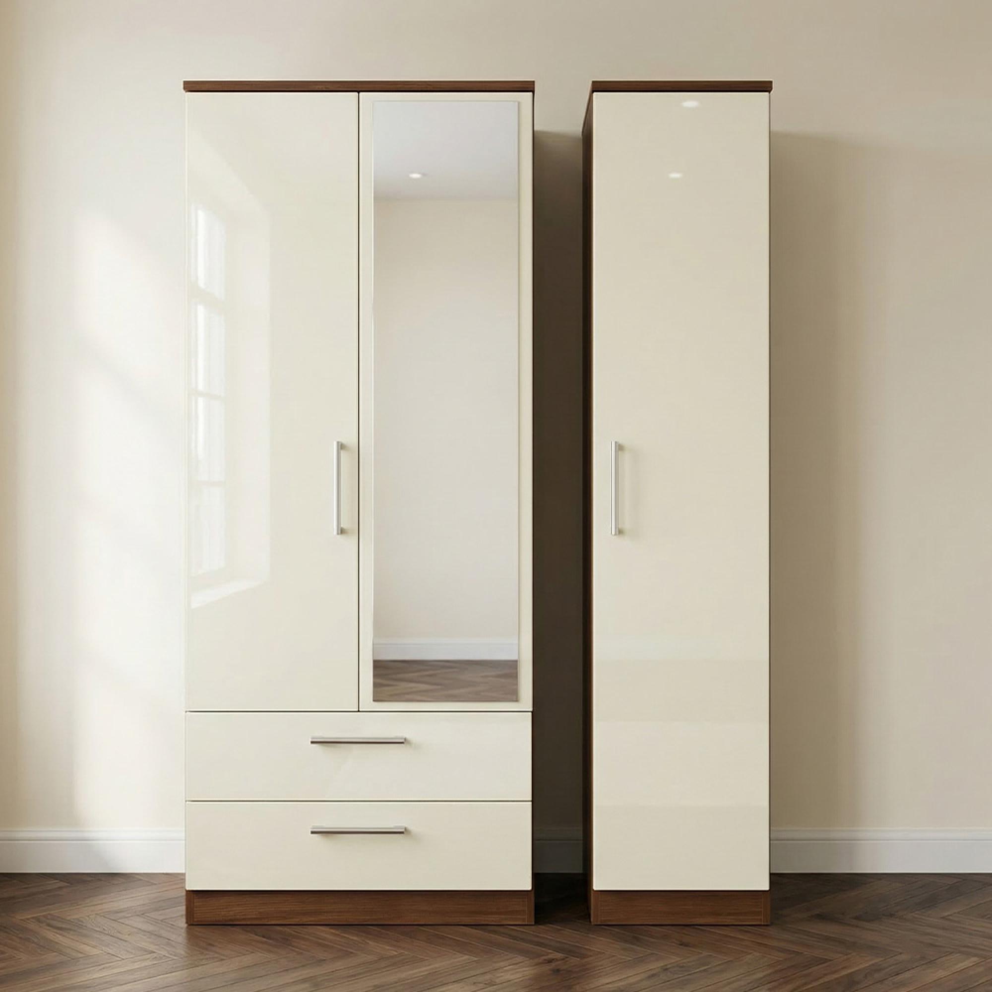 Knightsbridge Wardrobe - 3 Door - 1 Mirror - LHF 2 Drawers - Combi - Cream Gloss and Walnut