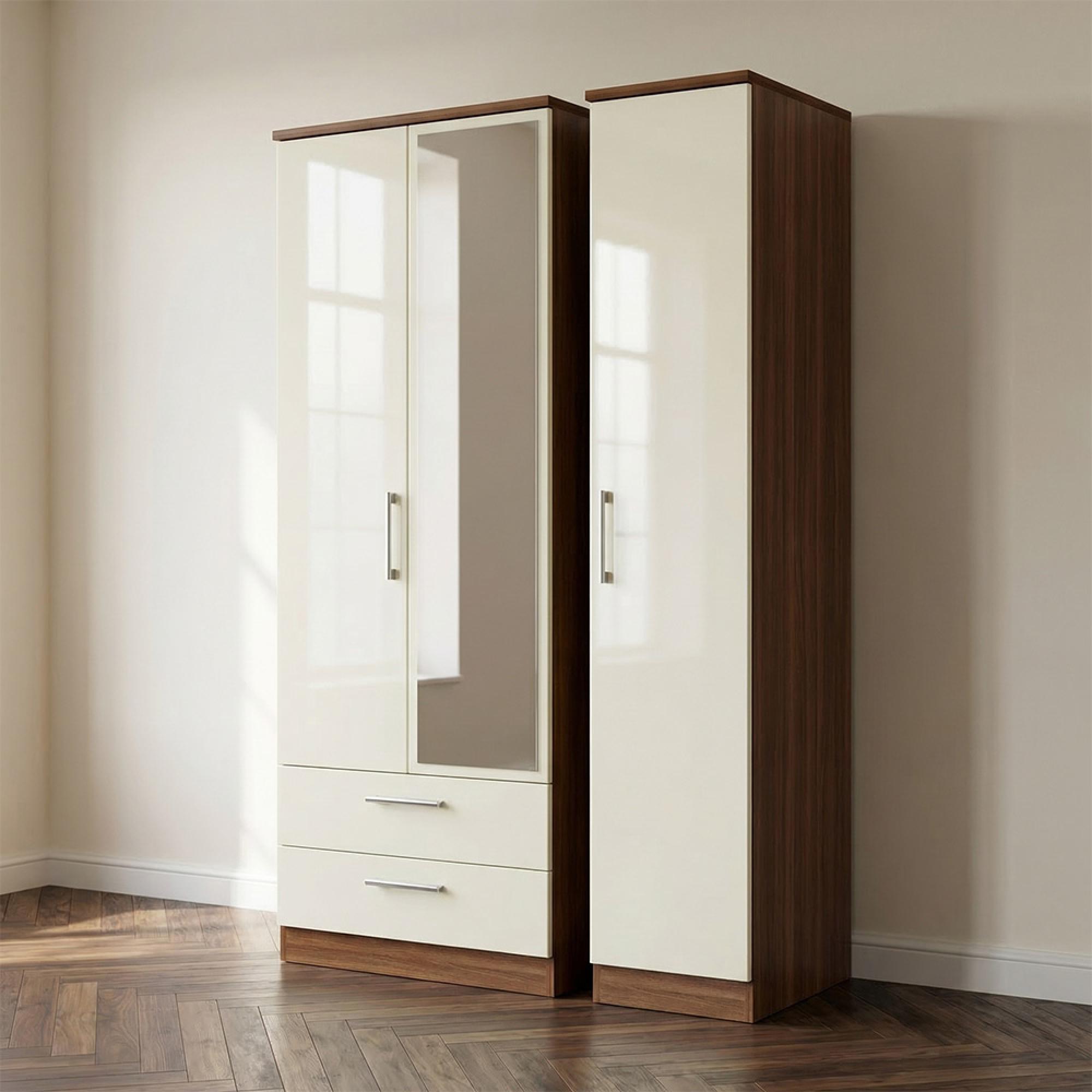 Knightsbridge Wardrobe - 3 Door - 1 Mirror - LHF 2 Drawers - Combi - Tall - Cream Gloss and Walnut