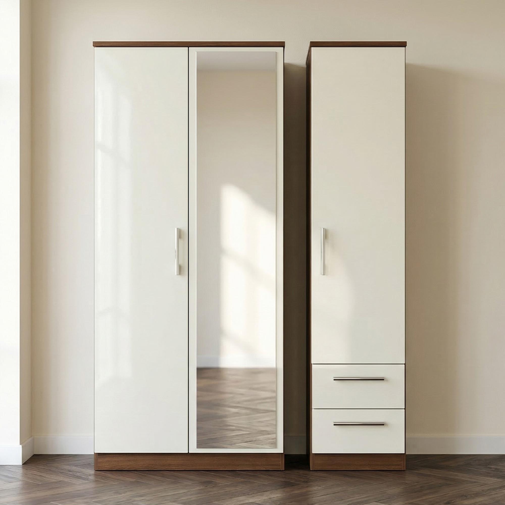 Knightsbridge Wardrobe - 3 Door - 1 Mirror - RHF 2 Drawers - Combi - Cream Gloss and Walnut