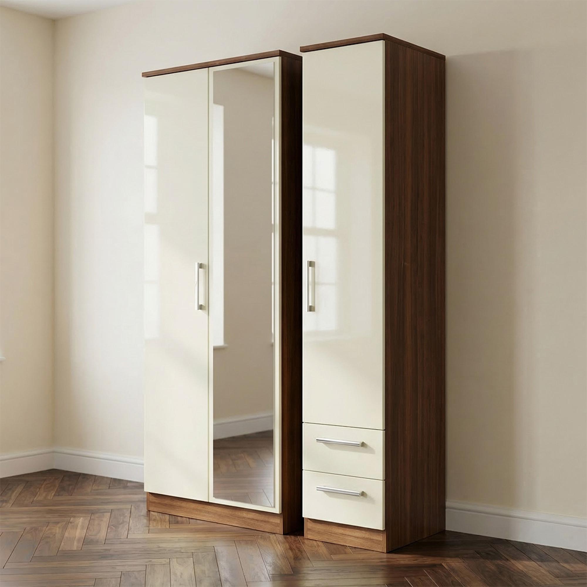Knightsbridge Wardrobe - 3 Door - 1 Mirror - RHF 2 Drawers - Combi - Tall - Cream Gloss and Walnut