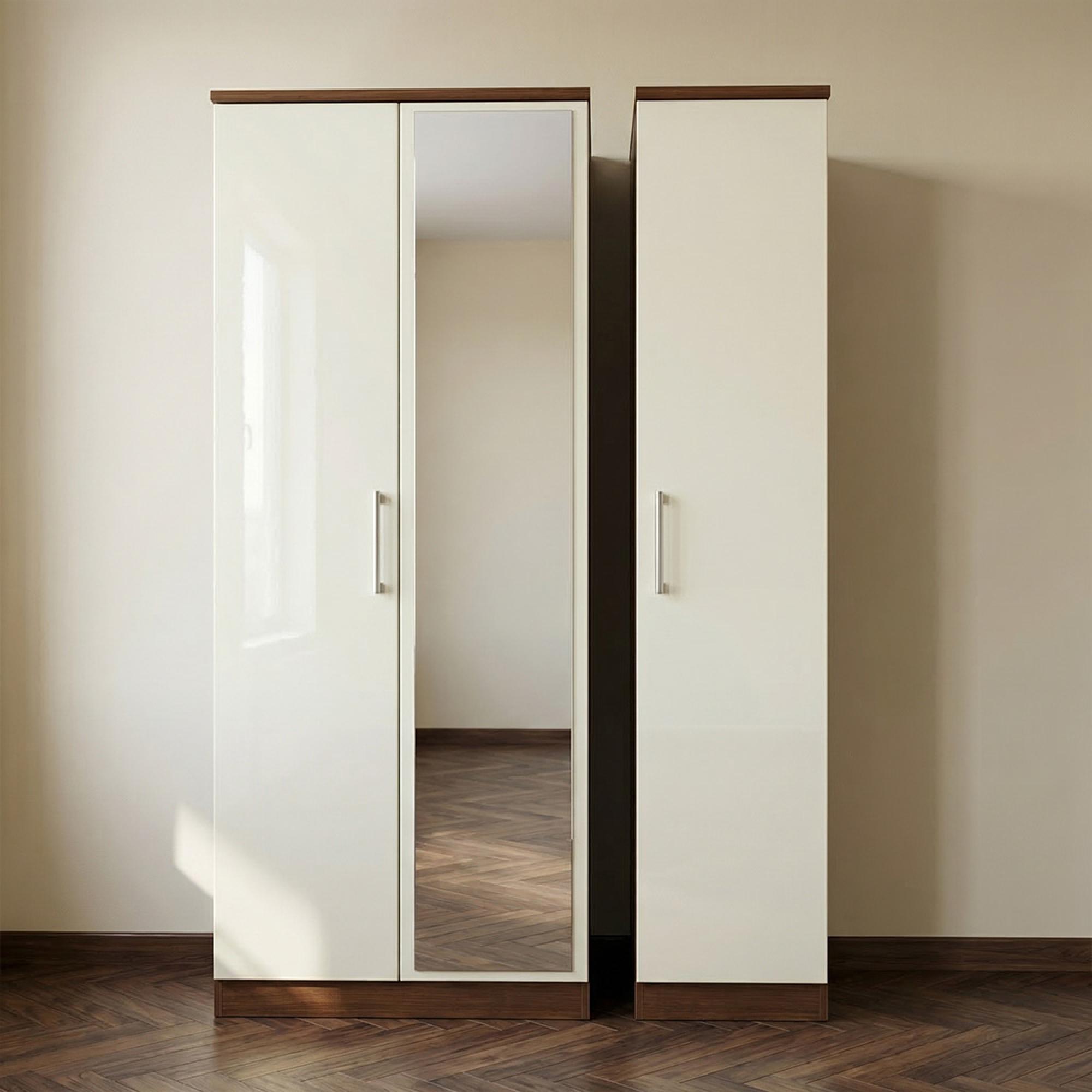 Knightsbridge Wardrobe - 3 Door - 1 Mirror - Triple - Cream Gloss and Walnut